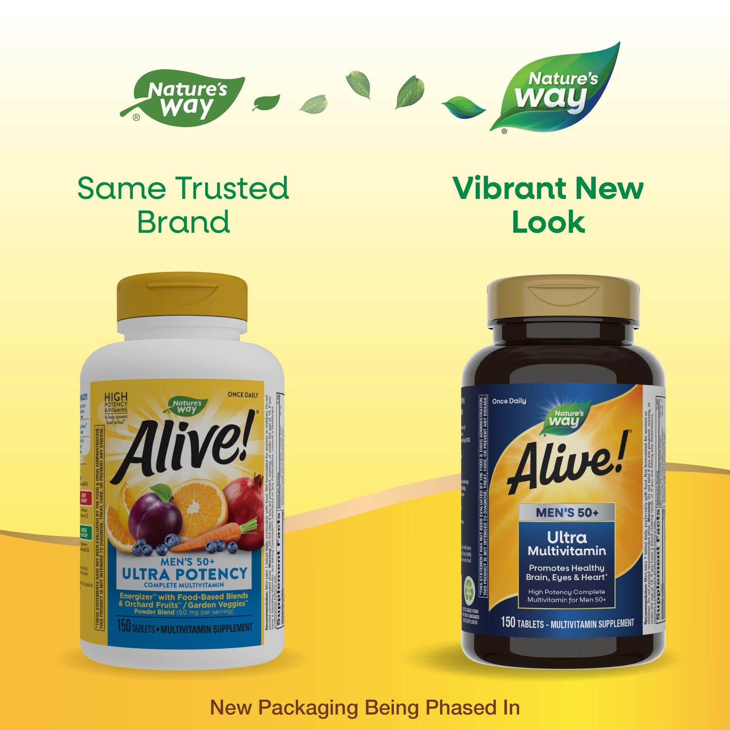 Nature's Way Alive! Men’s 50+ Daily Ultra Multivitamin, High Potency Formula, Supports Healthy Brain, Eyes & Heart*, with Methlyated B12, Gluten-Free, 150 Tablets (Packaging May Vary)