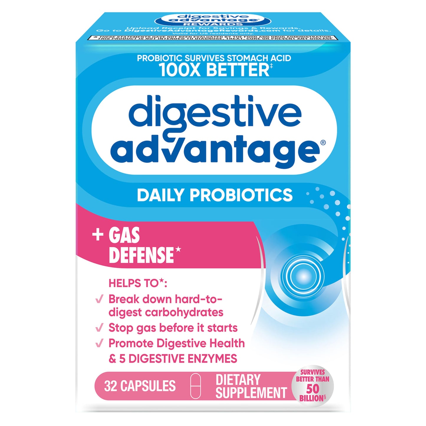 Digestive Enzyme and Probiotic Capsule- Digestive Advantage 32 Capsules, Survives 100x Better than regular 50 billion CFU, Breaks down food, helps prevent gas