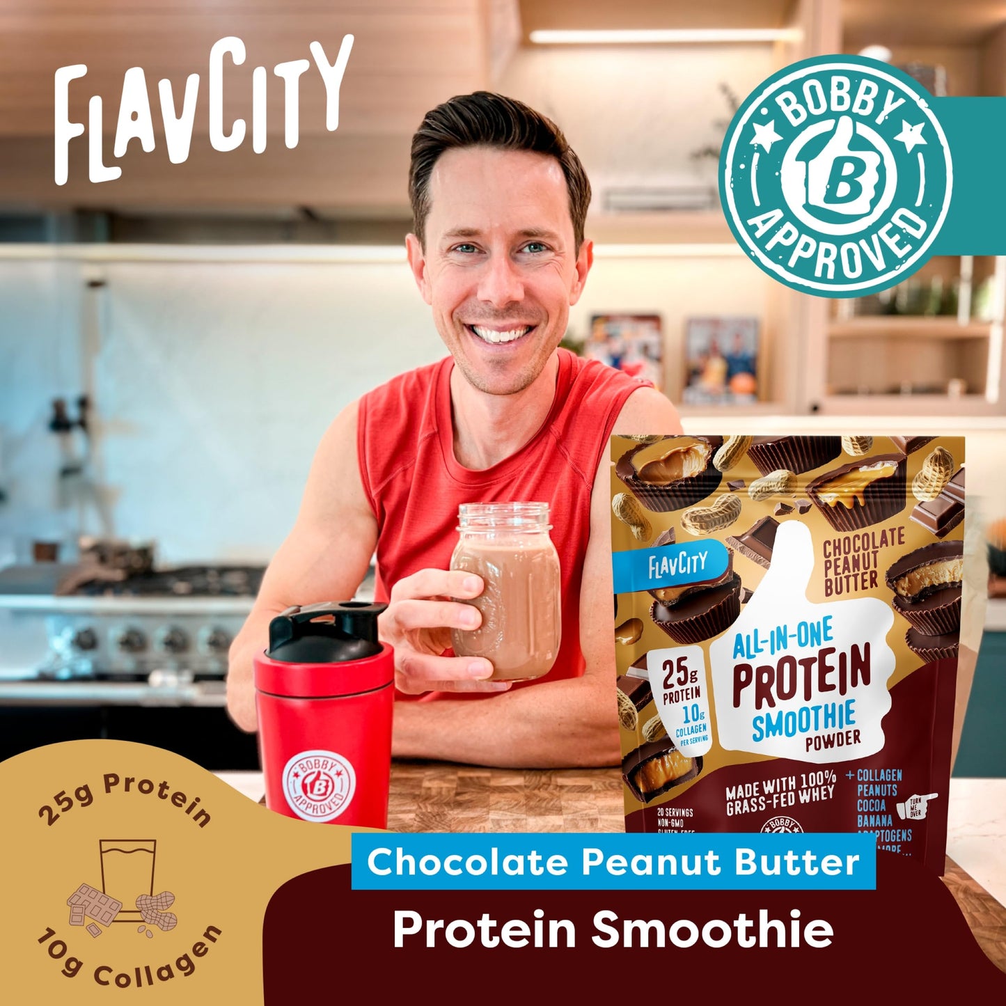 FlavCity Protein Powder Smoothie, Chocolate Peanut Butter - 100% Grass-Fed Whey Protein Smoothie with Collagen (25g of Protein) - Gluten Free & No Added Sugars (37.74 oz)