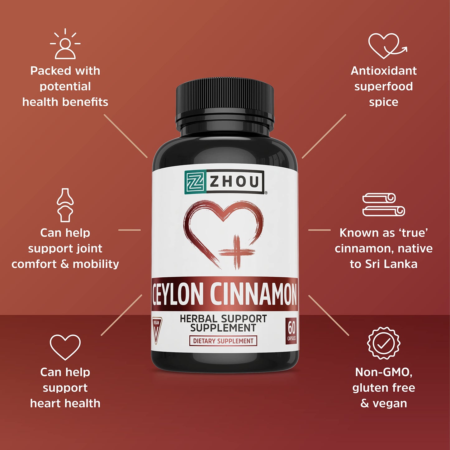 Zhou Heart Hero Ceylon Cinnamon - Ceylon Cinnamon Capsules for Women and Men, Cinnamon Verum Supplement with 1200 mg Per Serving for Heart and Joint Health - 60 Veggie Capsules