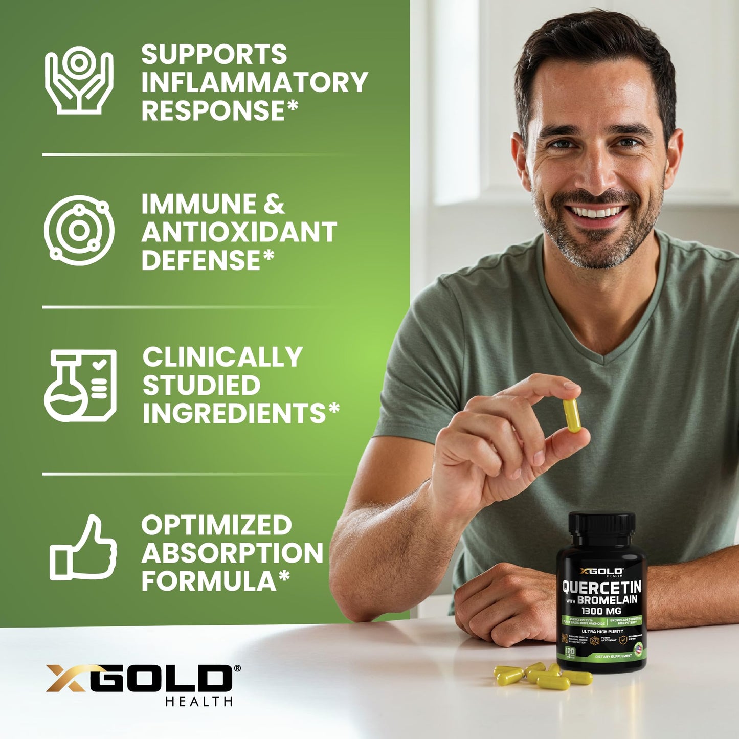 Quercetin + Bromelain 1,300mg – Quercetin: 95% - Highly Purified and Highly Bioavailable Plus Bromelain 2,400 GDU/g - Made in USA | 120 Caps