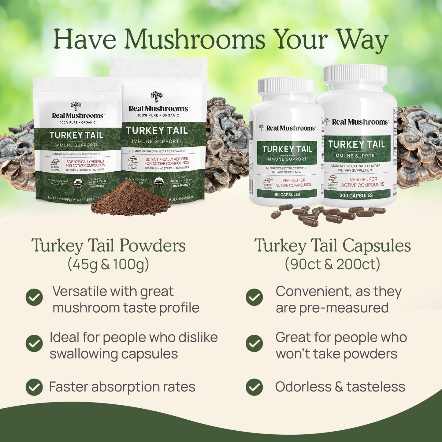 Real Mushrooms Turkey Tail Mushroom Powder – Organic Turkey Tail Extract from – for Wellness, Gut Harmony, & Energy Support – Vegan, Non-GMO, No Fillers – 100 Servings Functional Mushroom Supplement