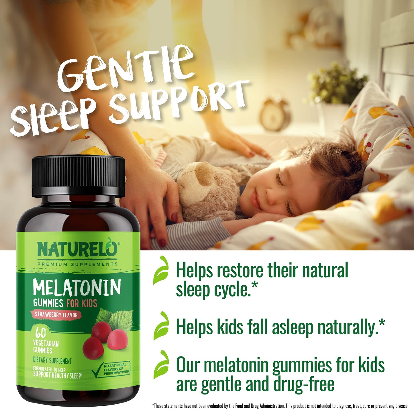 NATURELO Melatonin Gummies for Kids – Non-GMO, Gluten-Free, Soy Free - Strawberry Flavor - Gentle Sleep Supplement - 60 Vegetarian Gummies