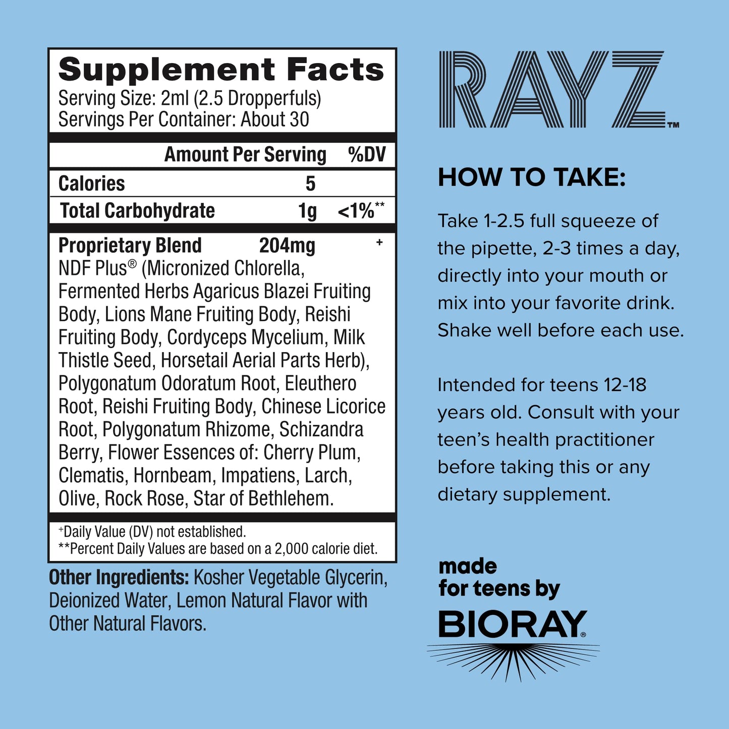 BIORAY RAYZ Thinking Cap, Lemon Flavor - 2 fl oz - Cognitive Function Support for Teens 12-18 Years Old