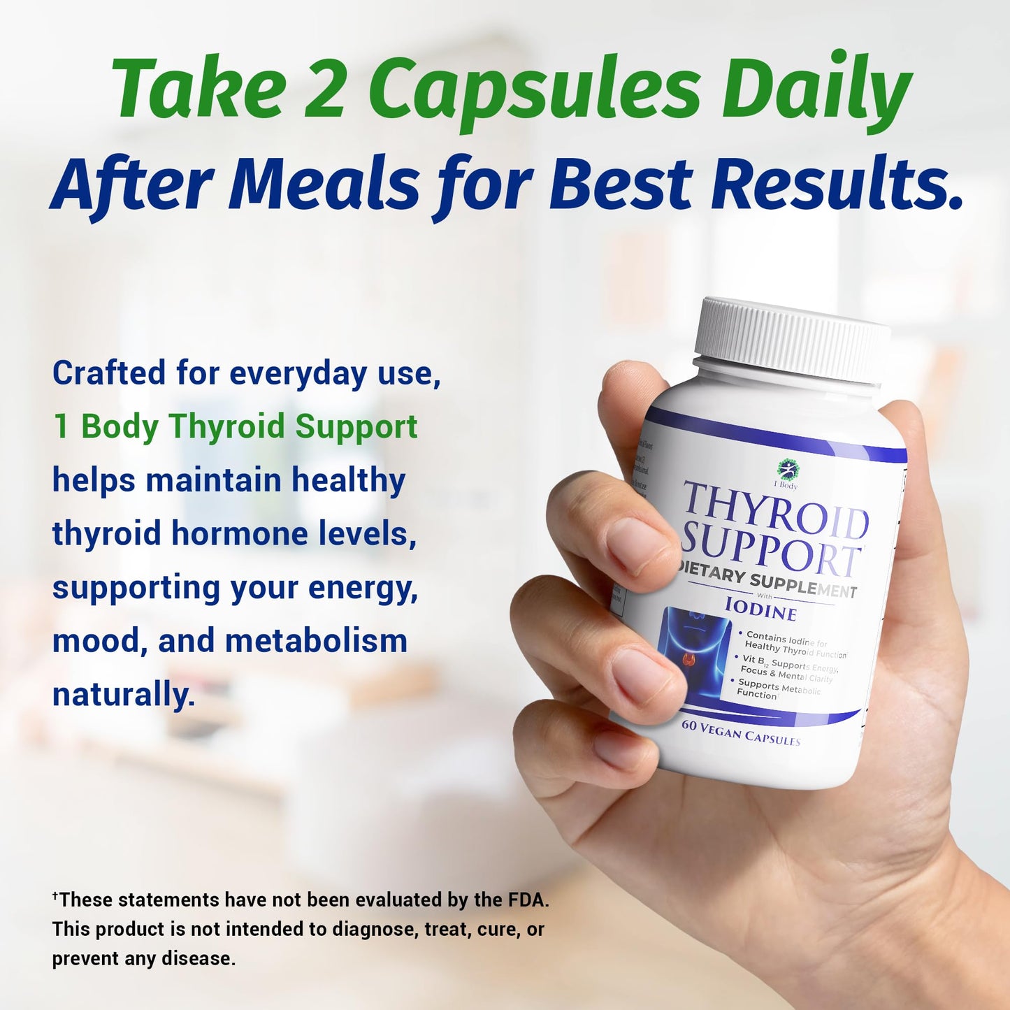 1 Body Thyroid Support Supplement with Iodine, B12, Zinc, Selenium, Ashwagandha, Non-GMO, Vegetarian, 30 Day Supply
