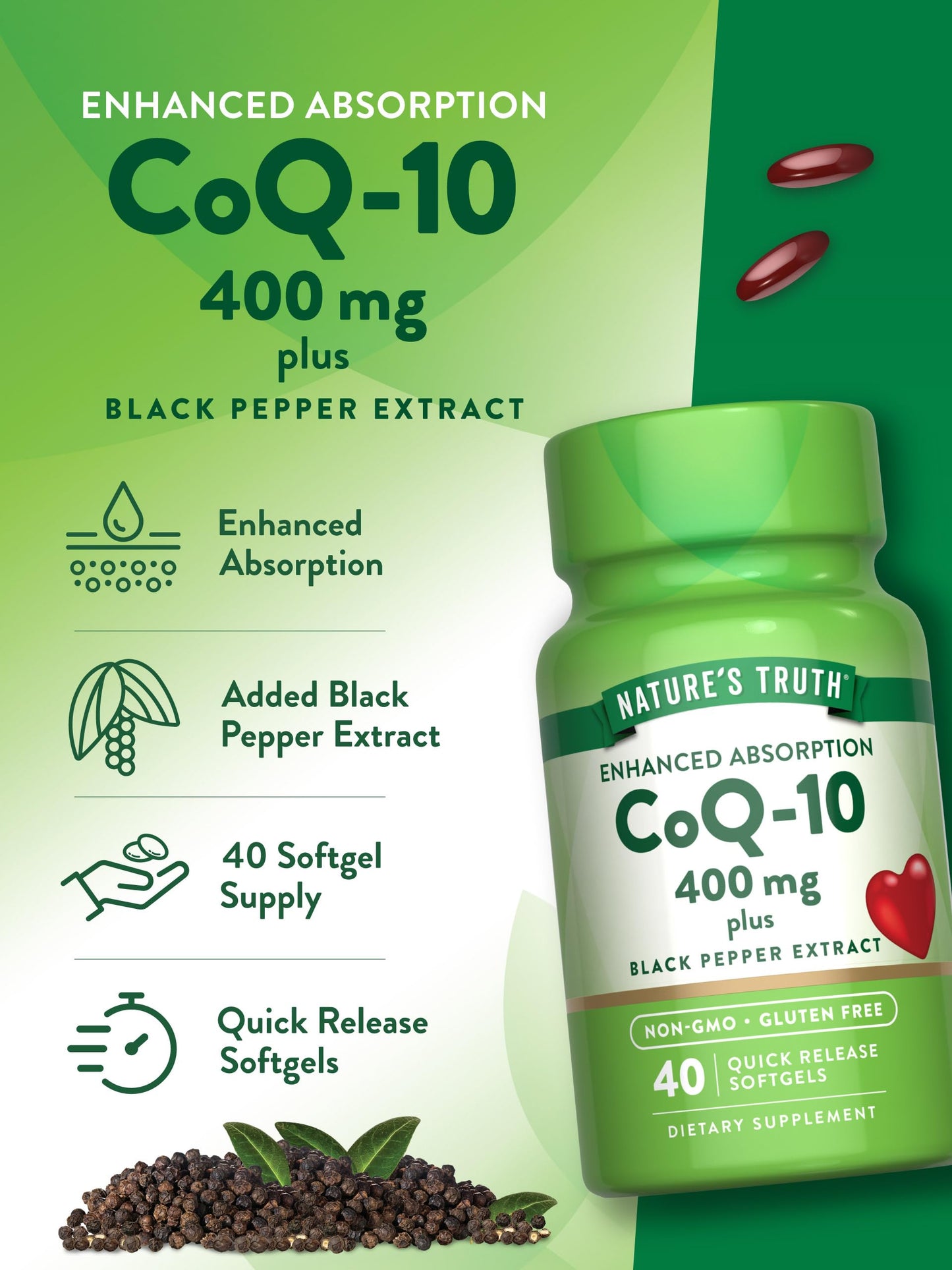 Nature's Truth CoQ10 400mg | Softgels | Maximum Strength | High Absorption | Non-GMO & Gluten Free Supplement