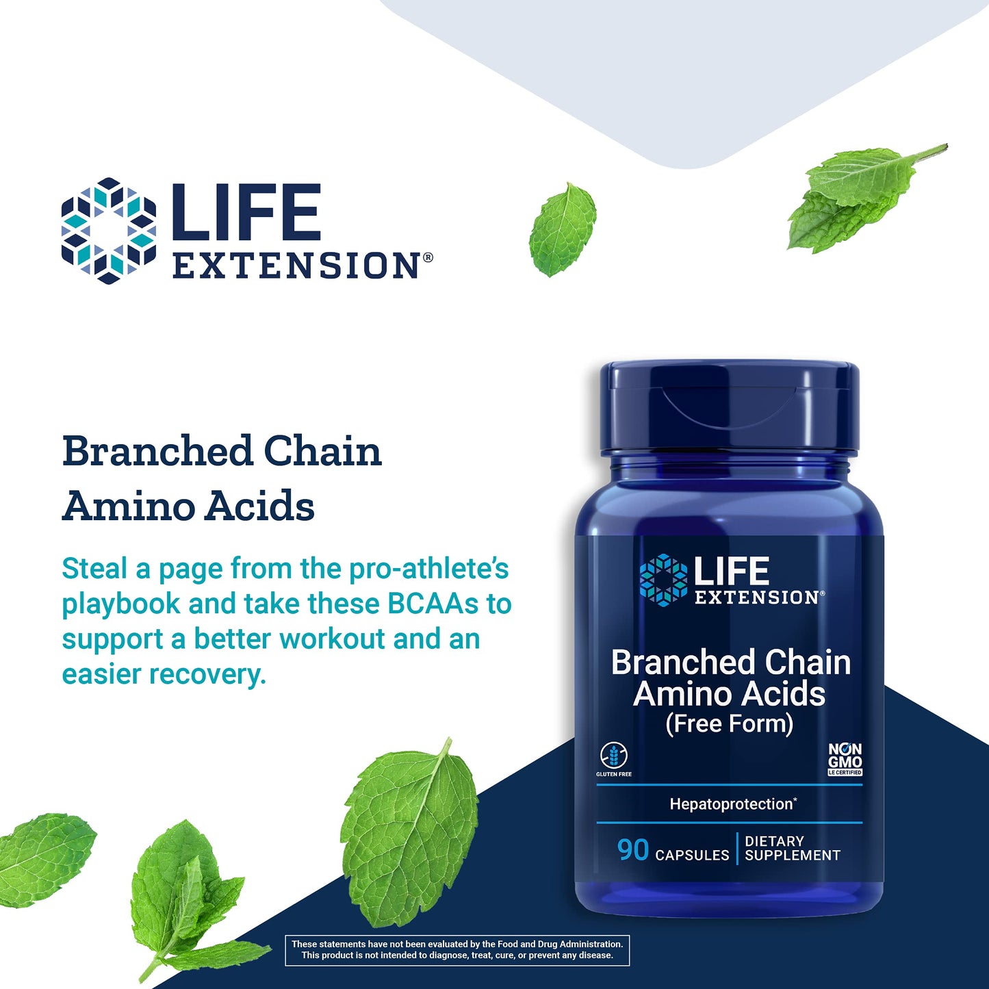 Life Extension Branched Chain Amino Acids (BCAAs), leucine, isoleucine, valine, Promotes Muscle Recovery After Exercise, Gluten-Free, Non-GMO, 90 Capsules