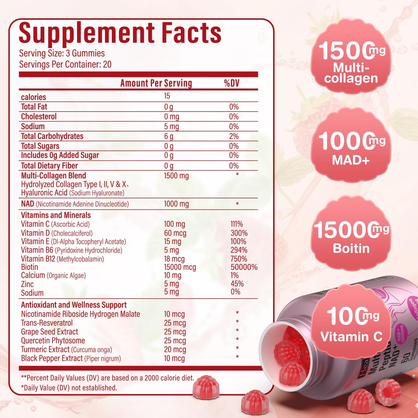 HealthSender Hydrolyzed Collagen Peptide Filled Gummies, 1500mg Protein Type I,II,III,V,X,1000mg NAD 15000mcg Biotin Supplement for Sugar-Free Man&Woman,AI-Fomular HCL for Skin,Hair,Nails