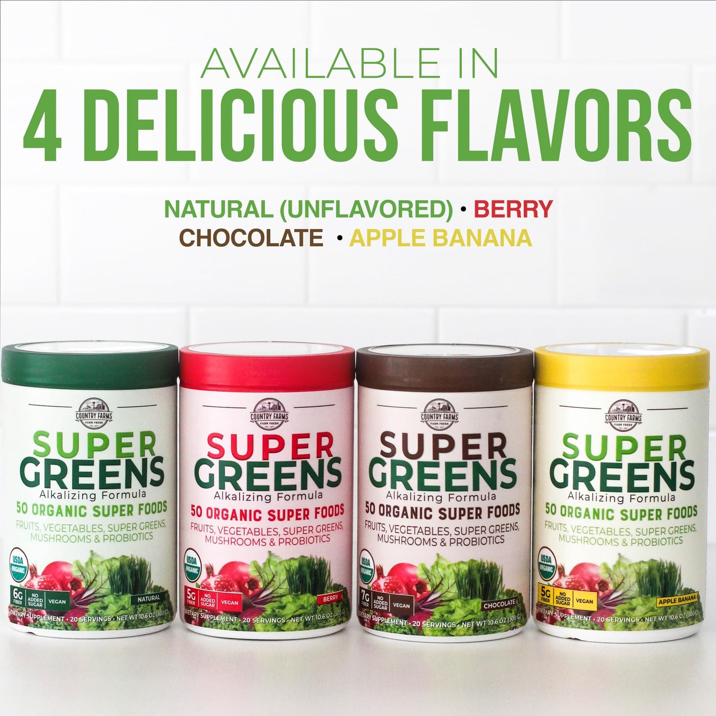 Pre-Order | Arrives in 5–10 Days – COUNTRY FARMS Organic Super Greens Natural Flavor, 50 Organic Super Foods, Packed with Fiber, USDA Organic Drink Mix, Fruits, Vegetables, Mushrooms & Probiotics, Supports Energy, 6g Fiber