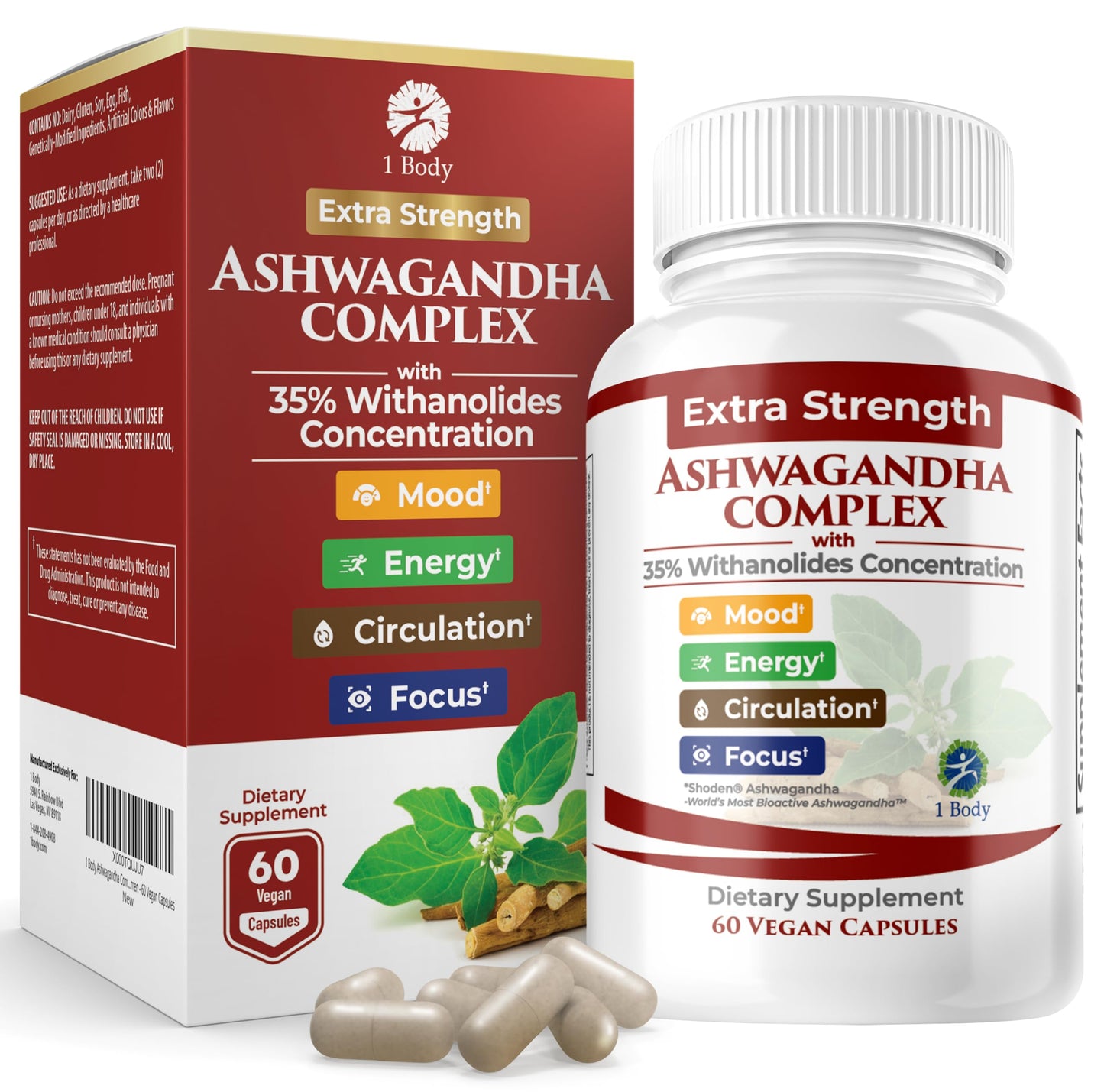 1 Body Ashwagandha Complex with Shoden® – Clinically Supported Stress Relief, Sleep, and Energy Support – Vegan, Non-GMO Supplements – 60 Capsules