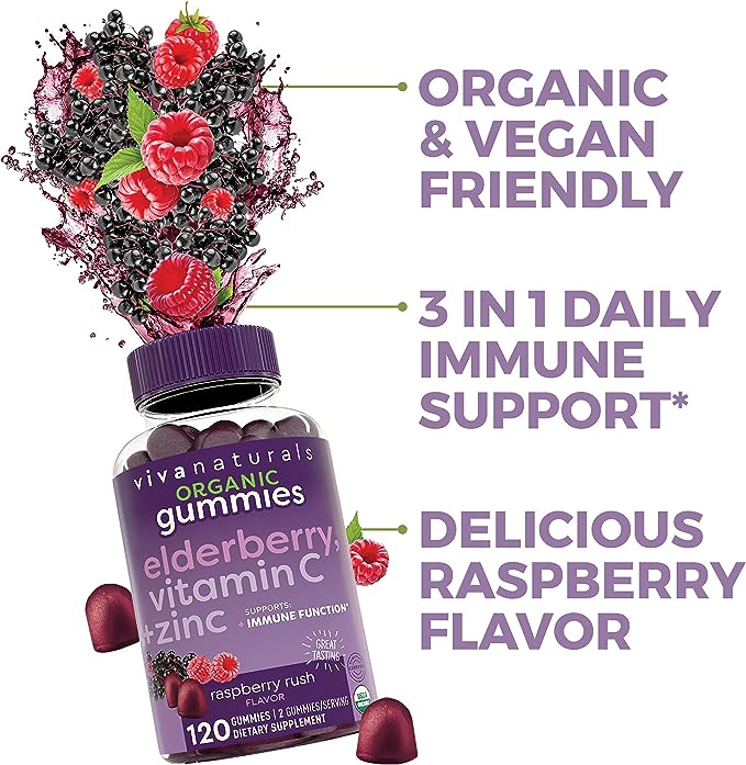 Organic Elderberry Gummies with Zinc and Vitamin C (120 Count) - Two-Month Supply, Certified USDA Organic 3-in-1 Chewable Sambucus Elderberry Gummies, Immune Support Supplement