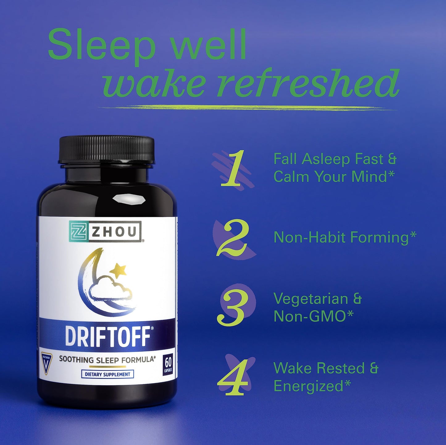 Zhou Driftoff - Nature Inspired Sleep Aid, Valerian Root & Melatonin for Sleep for Men & Women, Calm Sleeping Supplement for Adults with Gaba & Chamomile to Relax - 60 Veggie Capsules