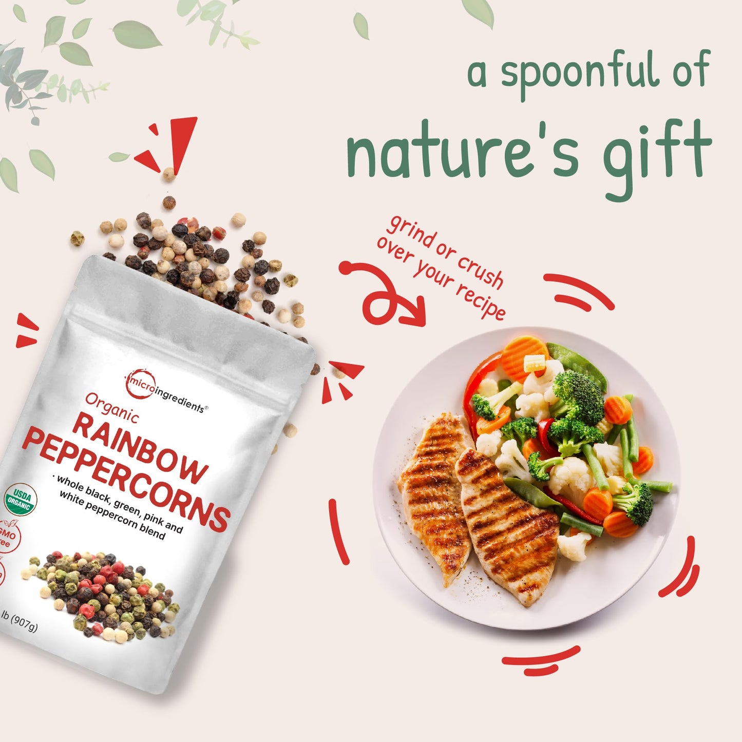 Micro Ingredients Organic Whole Rainbow Peppercorns, 2lbs | Premium Whole Peppercorns for Grinder Refill | Great for Seasonings, Meats & Vegetables | Additive Free, Non-GMO, Bulk Supply