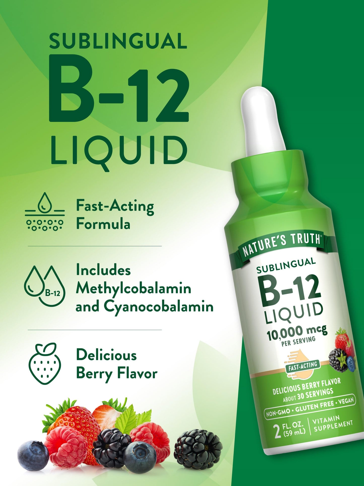 Nature's Truth B12 Sublingual Liquid Drops | 10,000 mcg | 2 oz | Fast Acting | Vegan, Non-GMO & Gluten Free