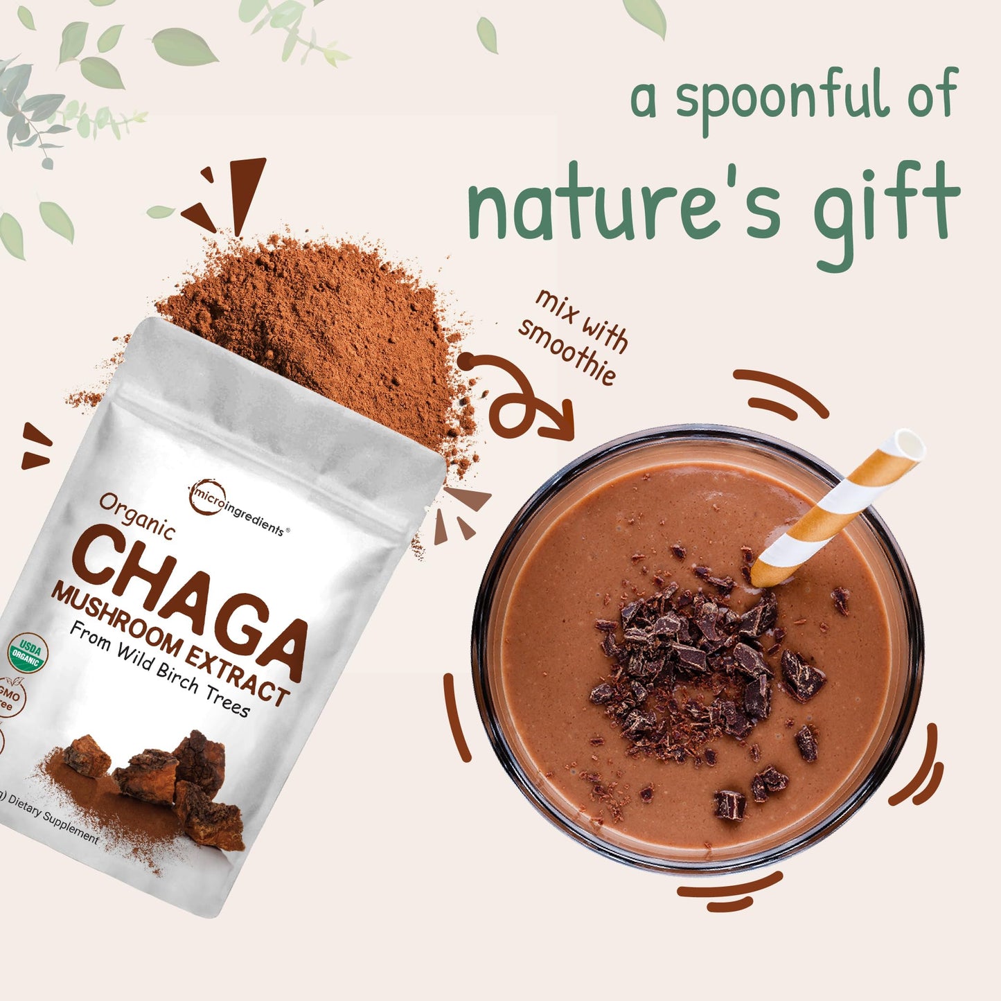 Micro Ingredients Organic Chaga Mushroom Extract 100:1 Powder, 10 Ounce | Wild Harvest Mushroom, Chaga Tea, Superfood for Beverage and Smoothie, Vegan Friendly