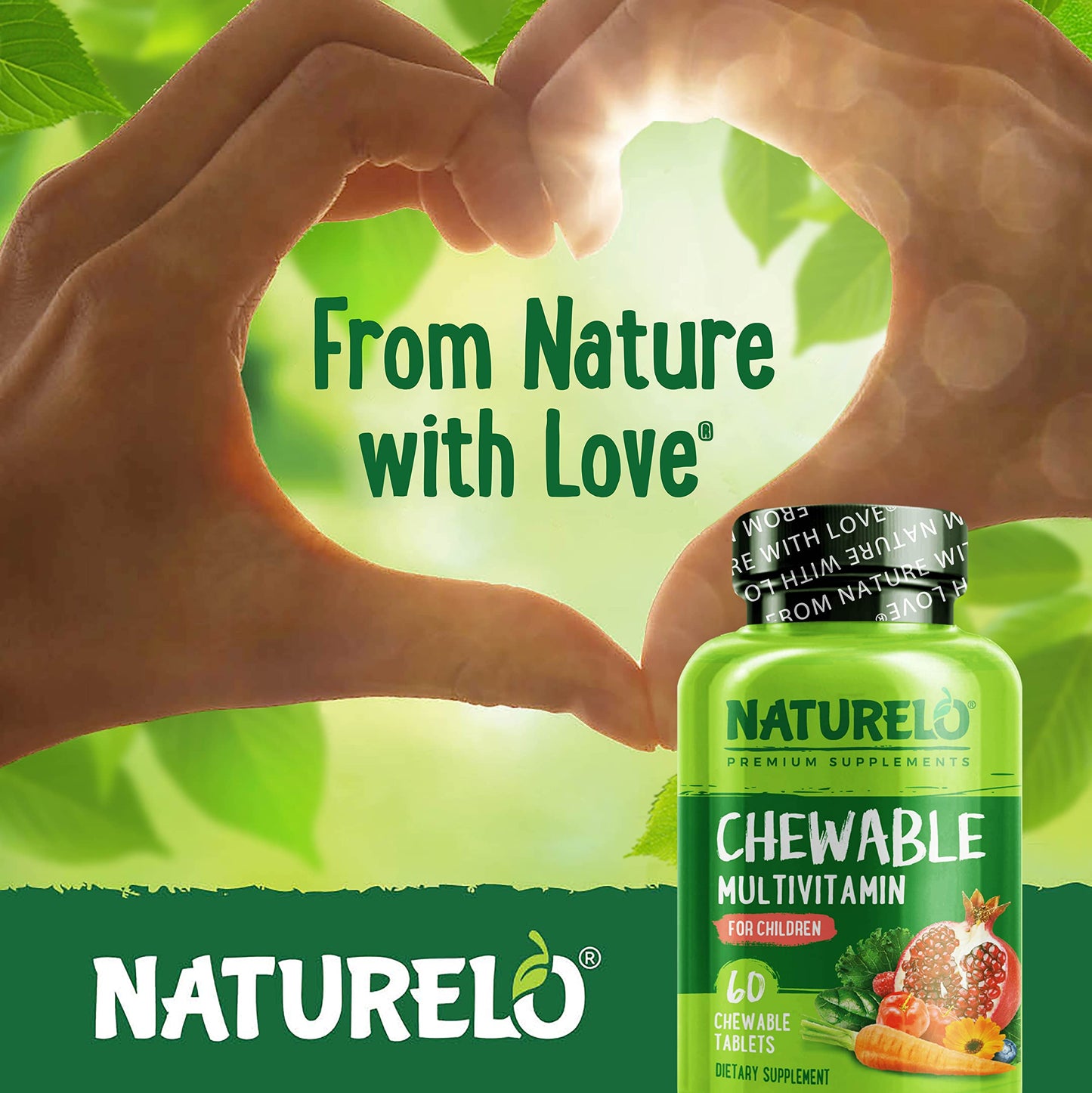 NATURELO Chewable Multivitamin for Children - with Vitamins & Minerals, Whole Food Organic Fruit Blend - Vegan, Vegetarian Supplement for Kids - 60 Tablets