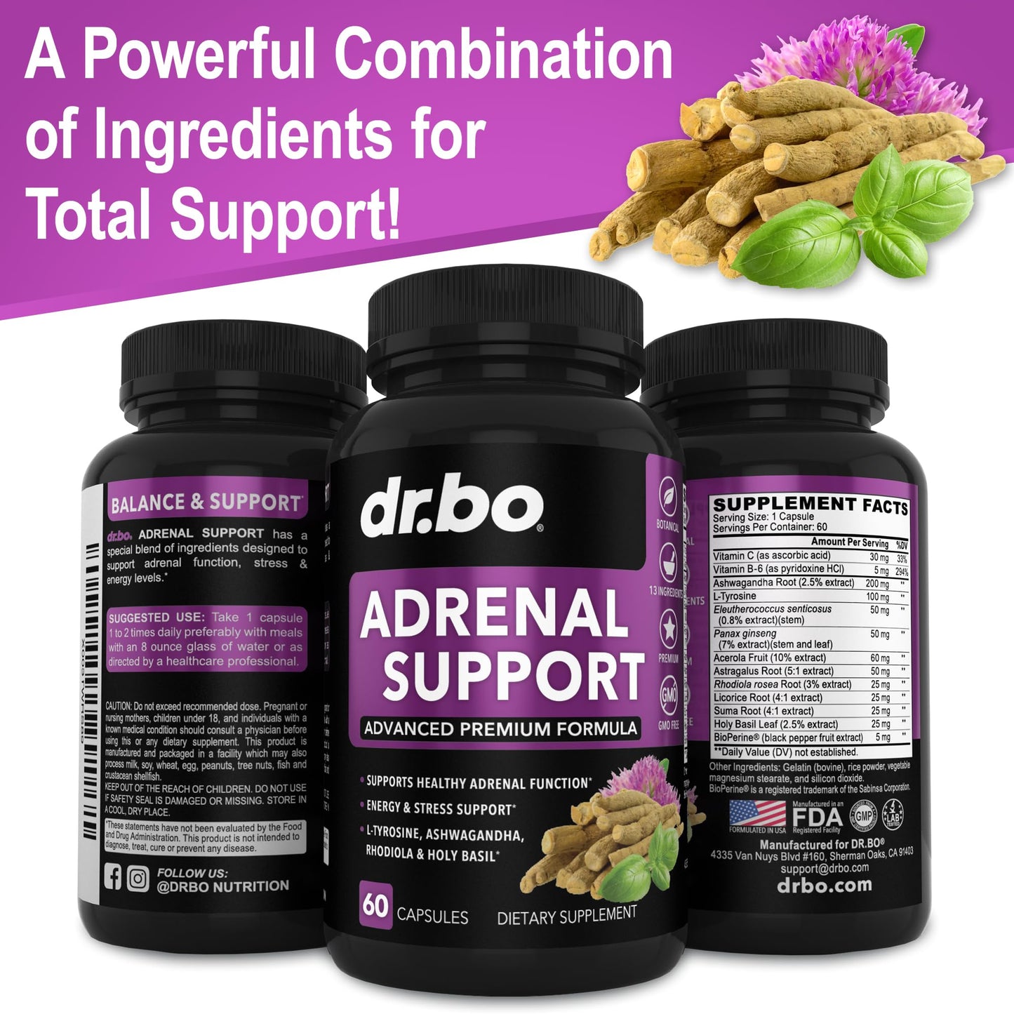 Adrenal Support Cortisol Manager Supplement - Adrenal Fatigue Supplements for Women & Men with Natural Adaptogen Ashwagandha Holy Basil Rhodiola L Tyrosine Complex Fatigue Cortisol Health - 60 Pills