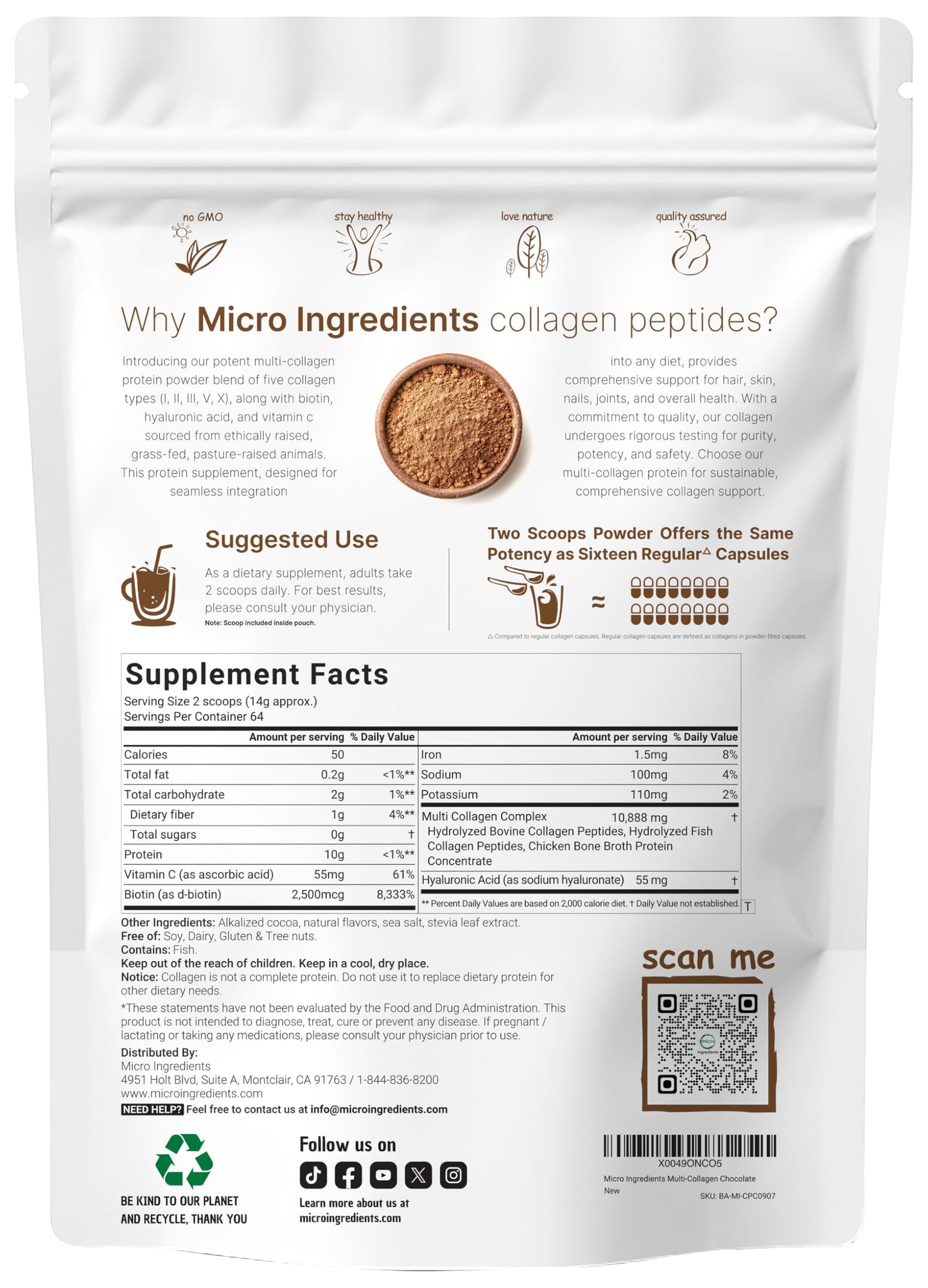 Multi Collagen Protein Powder, 2 Pounds – Type I,II,III,V,X with Biotin, Hyaluronic Acid, Vitamin C – Chocolate Flavored Collagen Peptides – Keto & Paleo Friendly, Easy Dissolve, Non-GMO