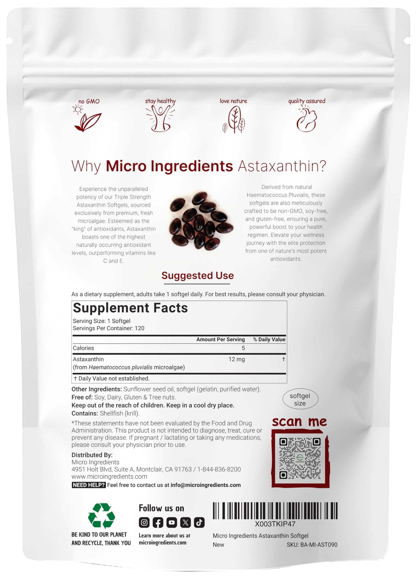 Astaxanthin 12mg, 120 Softgels, 4 Month Supply | Premium Astaxanthin Antioxidant Supplements | Fresh Microalgae Source | Supports Eye, Joint, Internal Circulation, Skin Health & Natural Tanning