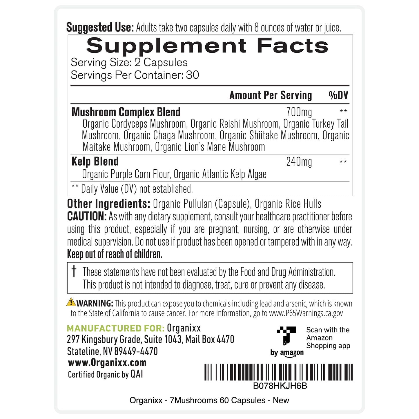 Organixx USDA Organic Mushroom Supplement, 7 Fermented Mushrooms – Lions Mane, Shiitake, Cordyceps, Turkey Tail, Reishi – for Immune & Digestion Support, 60 Vegetarian Capsules