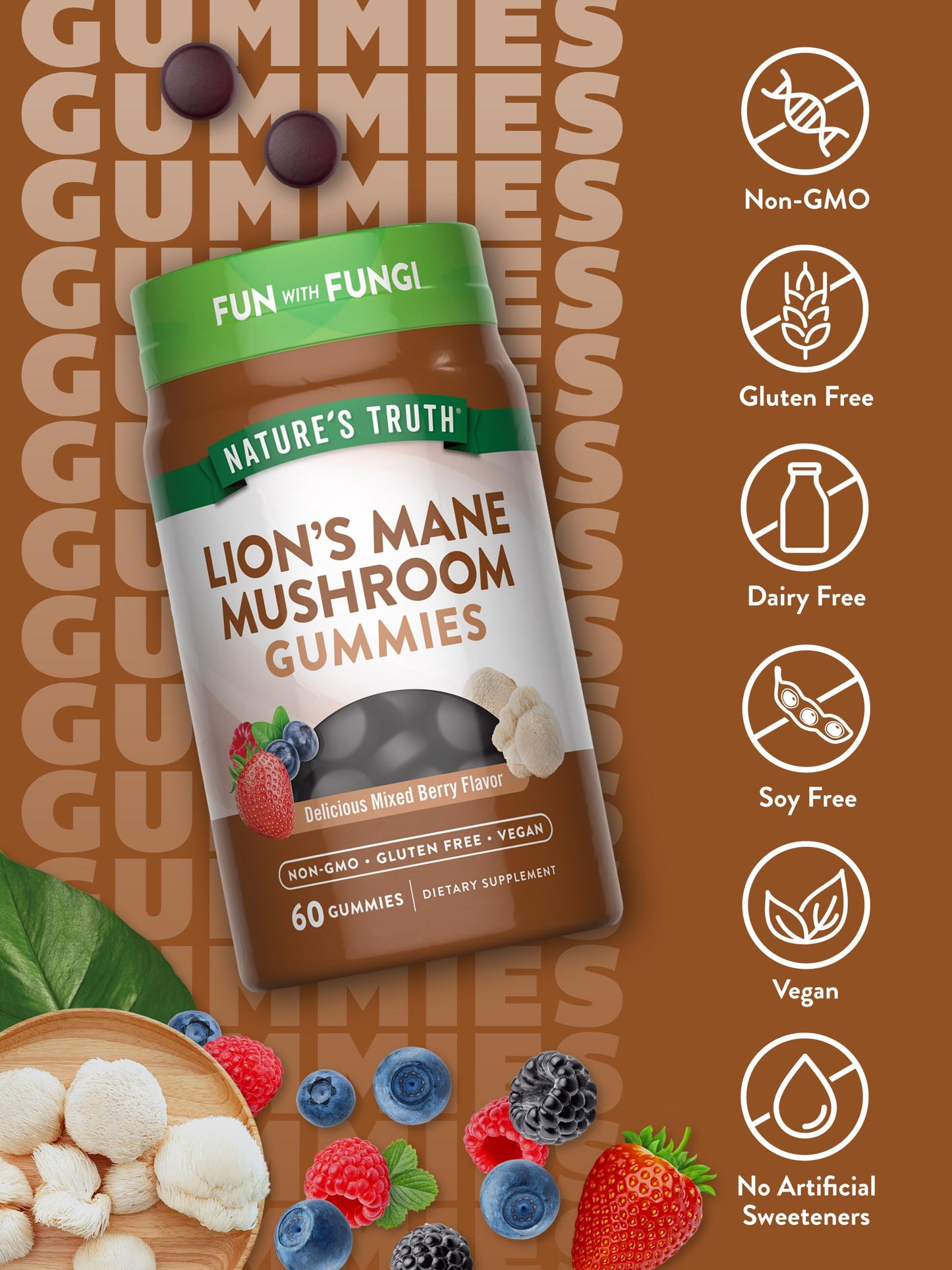 Nature's Truth Lion's Mane Gummies for Adults | 60 Count | Mixed Berry Flavor | Vegan, Non-GMO, & Gluten Free Supplement