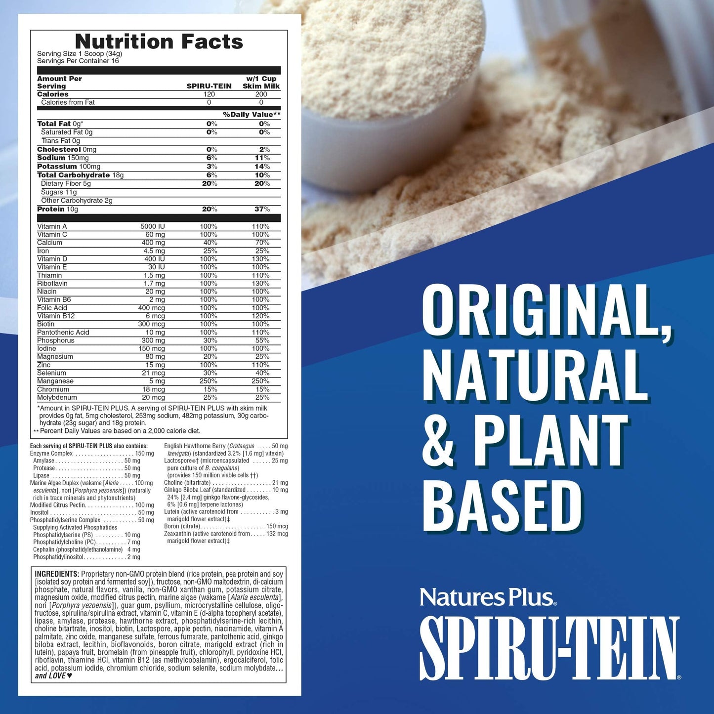 NaturesPlus SPIRU-TEIN Plus Shake For Mature Adults - Vanilla - 1.2 lbs, Protein Powder - Plant Based Meal Replacement, Vitamins & Minerals For Energy - Vegetarian, Gluten-Free - 16 Servings