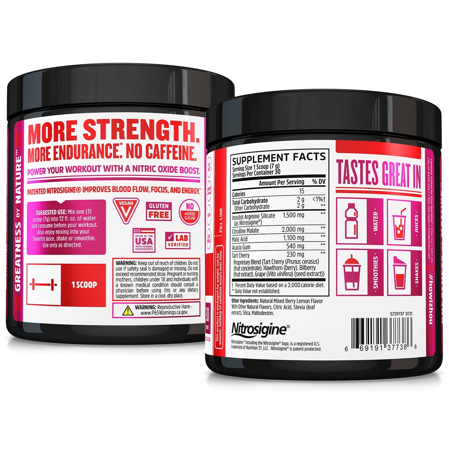 Zhou Lite Up - Non Stim Powder, Nitric Oxide Stim Free Supplement for Men & Women, Caffeine Free Boost, Clean Formula - Berry Lemonade Flavor, 7.5 oz Jar (30 Scoops)