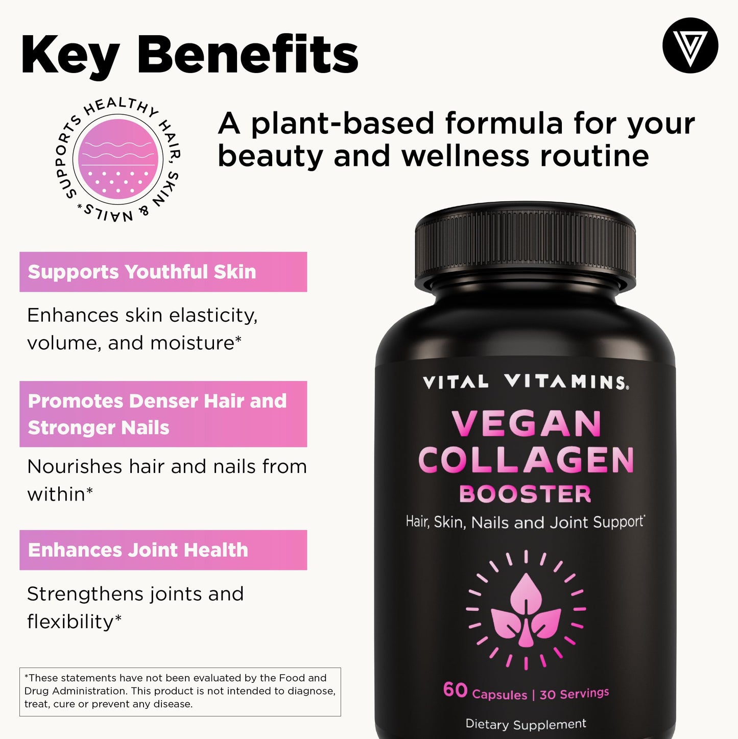 Vital Vitamins Vegan Collagen Booster - Plant-Based Collagen Supplements - Supports Hair, Skin, Nails & Joints - with Hyaluronic Acid - 60 Capsules