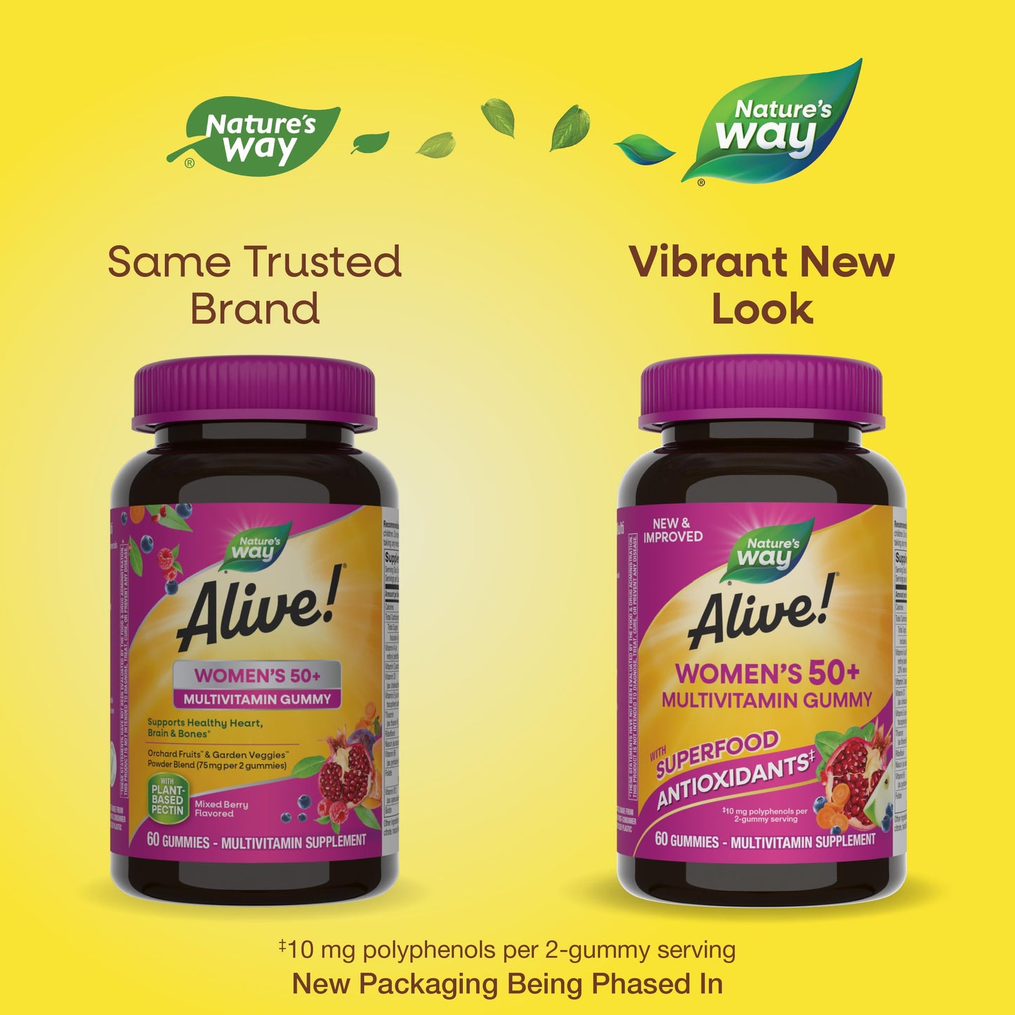 Nature's Way Alive! Women’s 50+ Daily Gummy Multivitamins, Supports Multiple Body Systems*, Supports Healthy Heart, Brain & Bones,* B-Vitamins, Mixed Berry Flavored, 60 Gummies (Packaging May Vary)