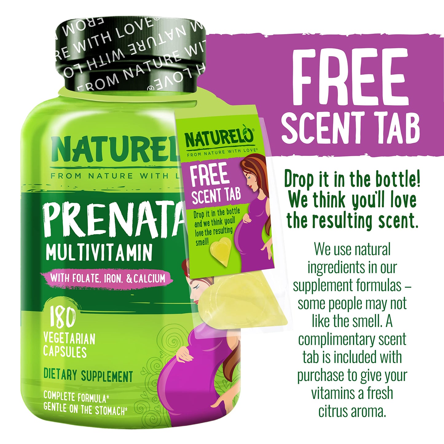 NATURELO Prenatal Multivitamin with Gentle Chelated Iron, Methyl Folate, Plant Calcium & Choline - Vegan, Vegetarian - Non-GMO - Gluten Free - 180 Capsules - 2 Month Supply