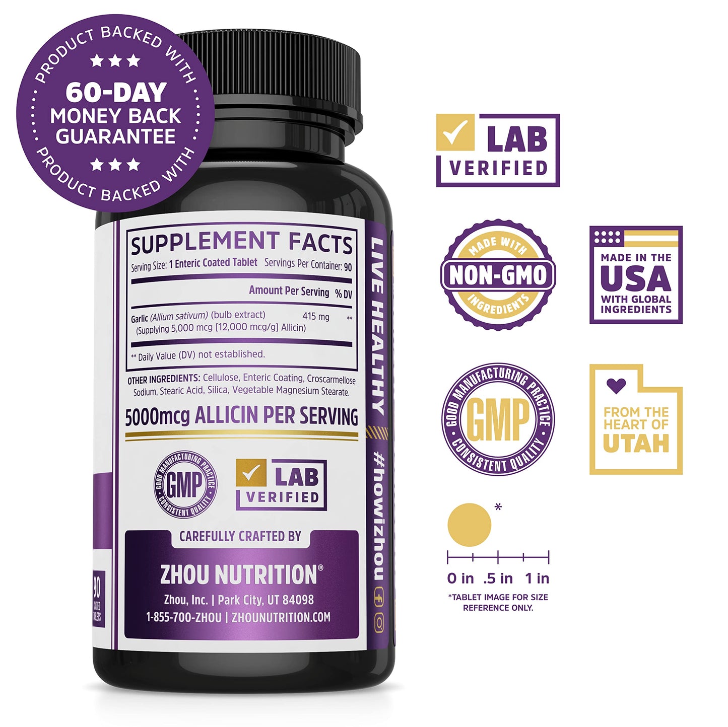 Zhou Garlic with Allicin - Garlic Supplements, Odorless Garlic Extract Pills for Men & Women, 5000 mcg Allicin Per Tablet for Immune & Heart Health - 90 Coated Tablets (Pack of 1)