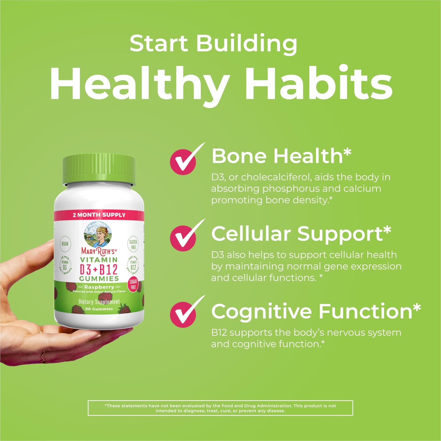 MaryRuth Organics Sugar Free | 2 Month Supply | Vitamin D & B12 Vitamin Supplements for Adults & Kids | Bone Health | Immune Support | Vegan | Non-GMO | 60 Servings