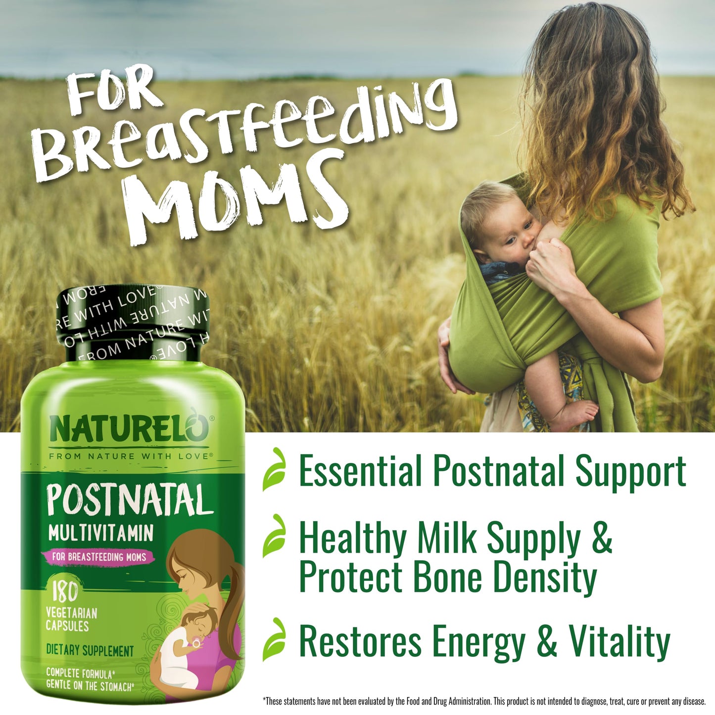 NATURELO Postnatal Multivitamin - Supplement for Breastfeeding Women - Plant-Based Vitamin D, Folate, Gentle Iron - for Nursing Mother, Baby - Post Natal Lactation Support 180 Capsules