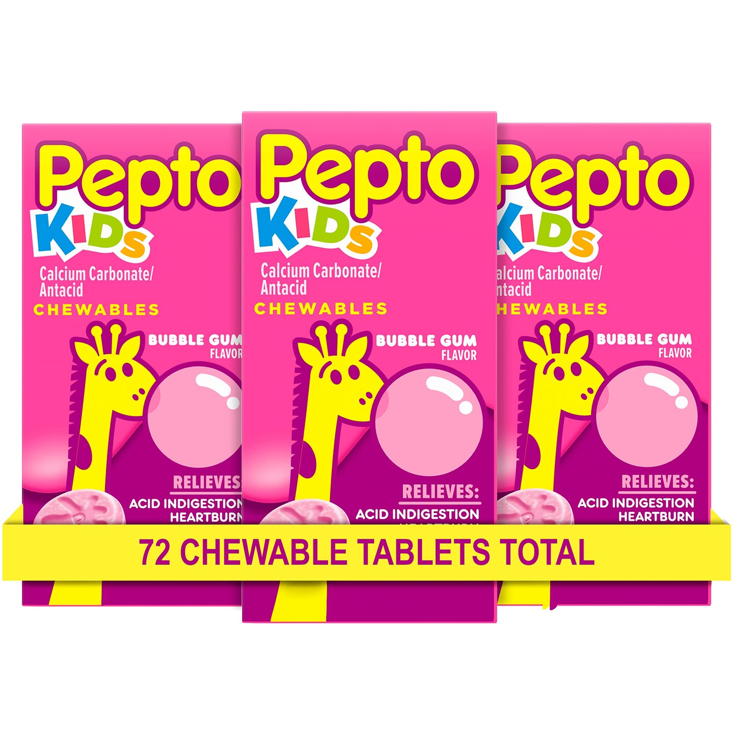 Pepto Kid's Chewable Tablets for Heartburn, Acid Indigestion, Sour Stomach, and Upset Stomach, Bubblegum Flavor, 72 Total (3 Packs of 24)