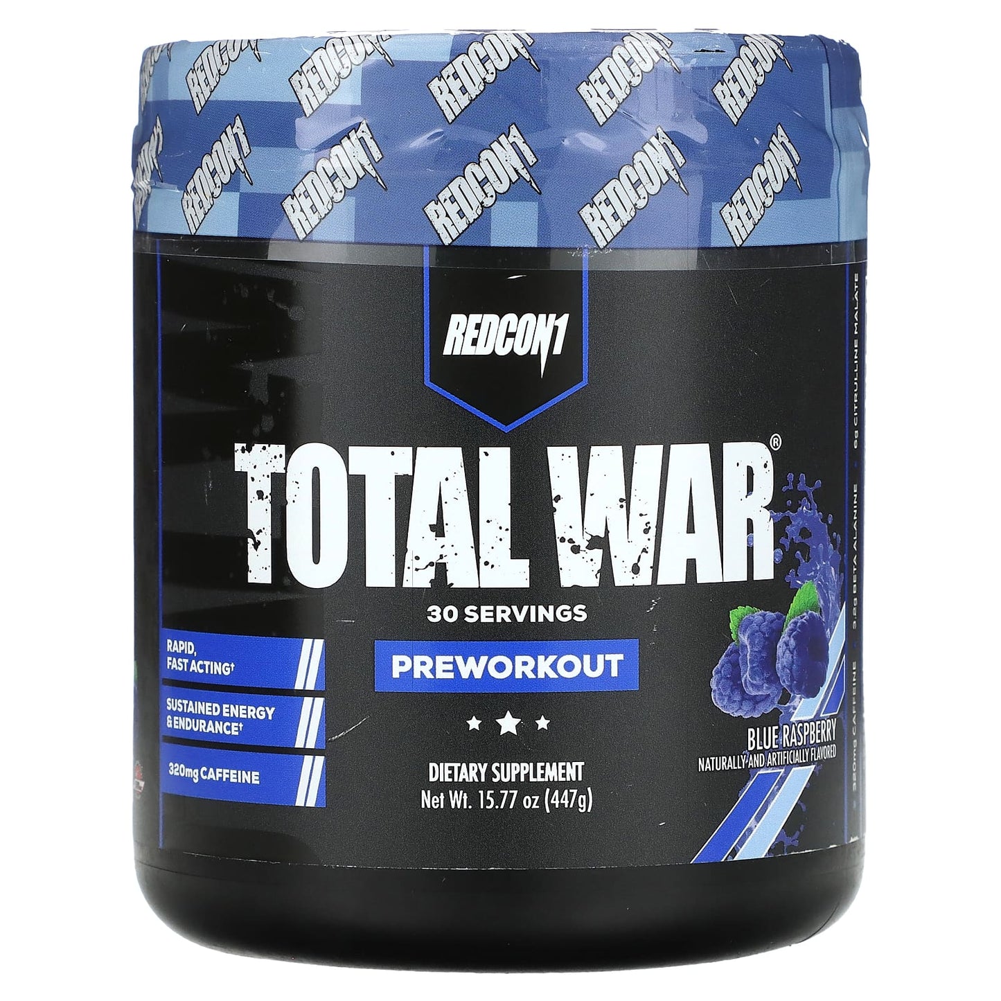 Redcon1
Total War, Pre-Workout, Blue Raspberry, 15.77 oz (447 g)
