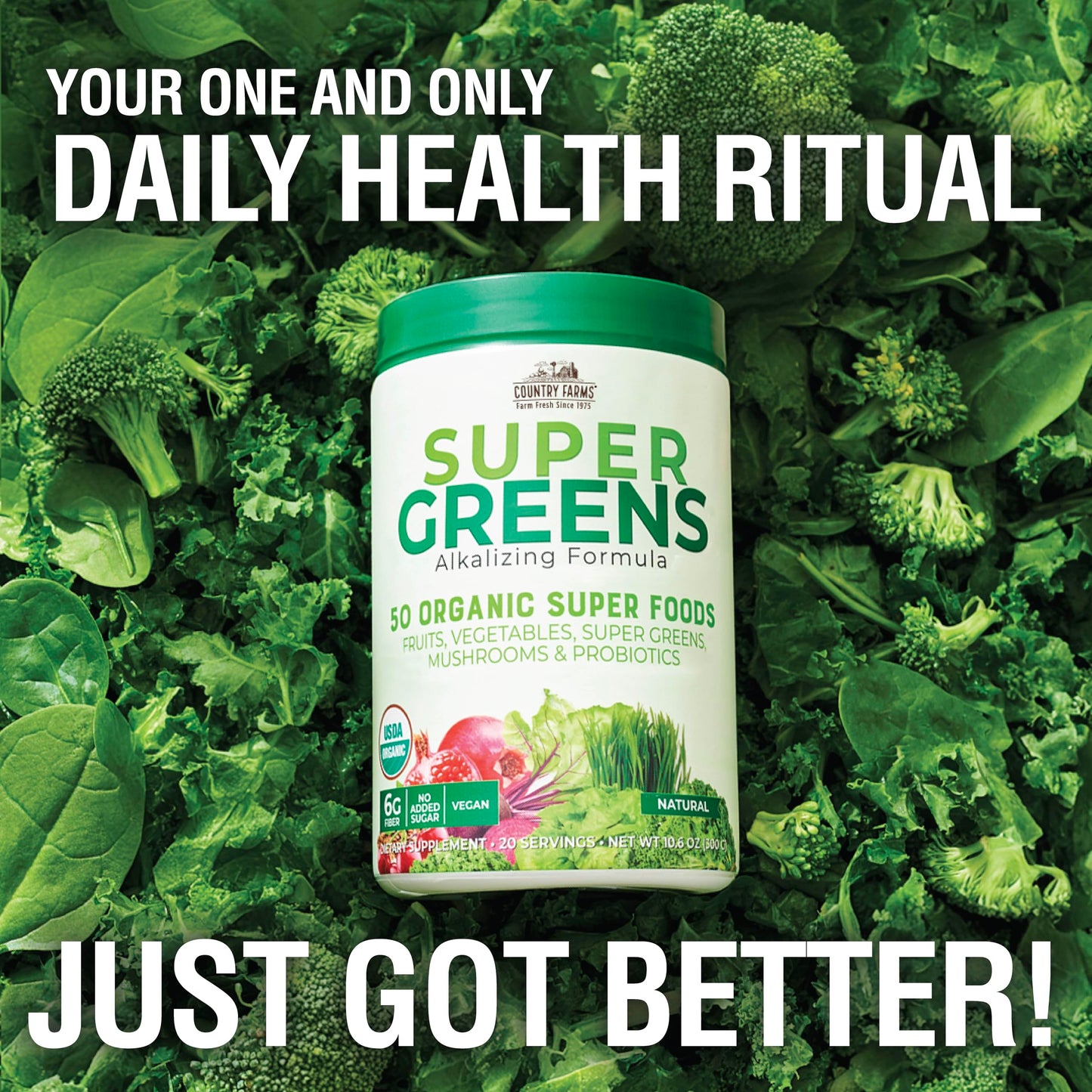Pre-Order | Arrives in 5–10 Days – COUNTRY FARMS Organic Super Greens Natural Flavor, 50 Organic Super Foods, Packed with Fiber, USDA Organic Drink Mix, Fruits, Vegetables, Mushrooms & Probiotics, Supports Energy, 6g Fiber