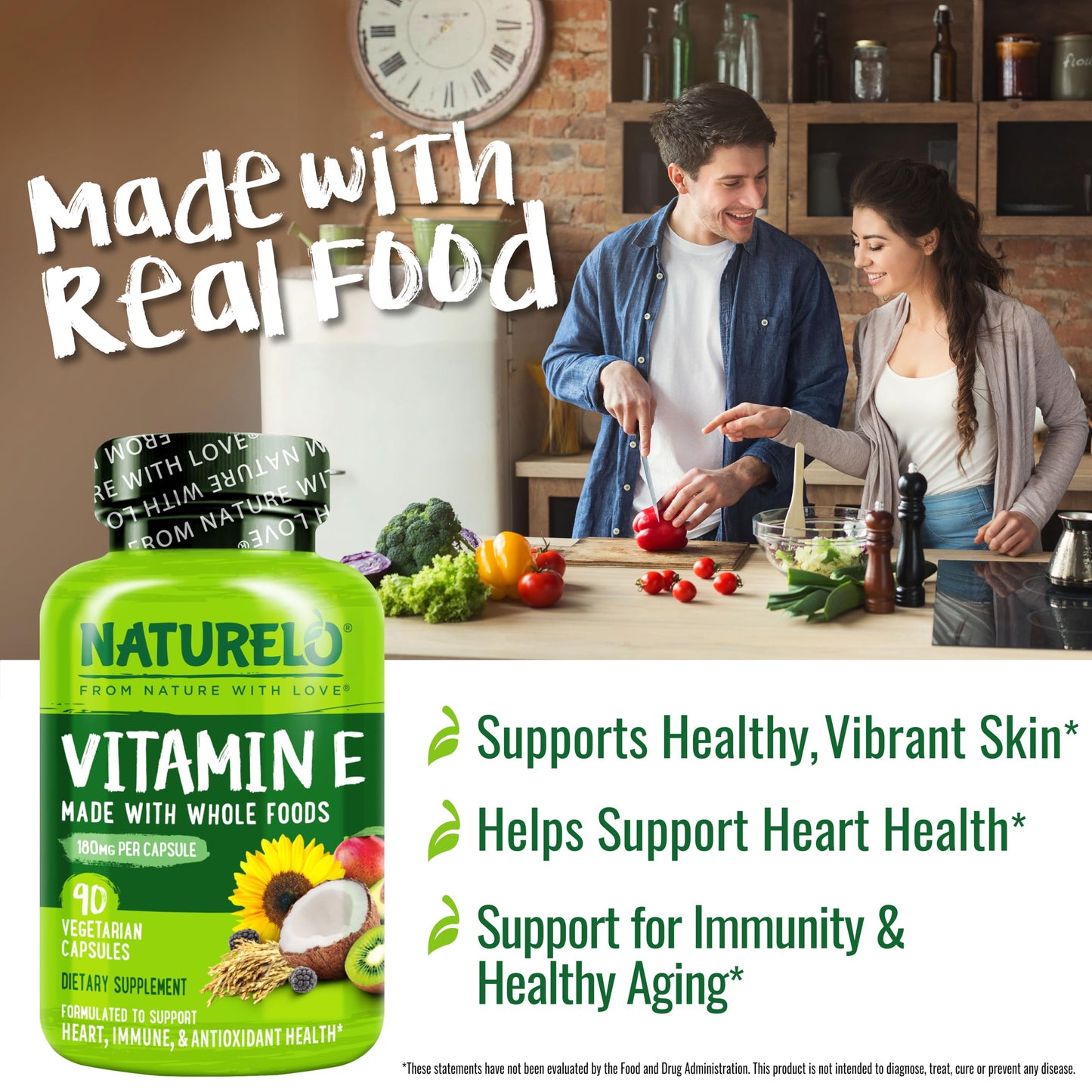 NATURELO Vitamin E - 180 mg (300 IU) of Natural Mixed Tocopherols from Organic Whole Foods - Supplement for Healthy Skin, Hair, Nails, Immune & Eye Health - Non-GMO, Soy Free - 90 Vegan Capsules