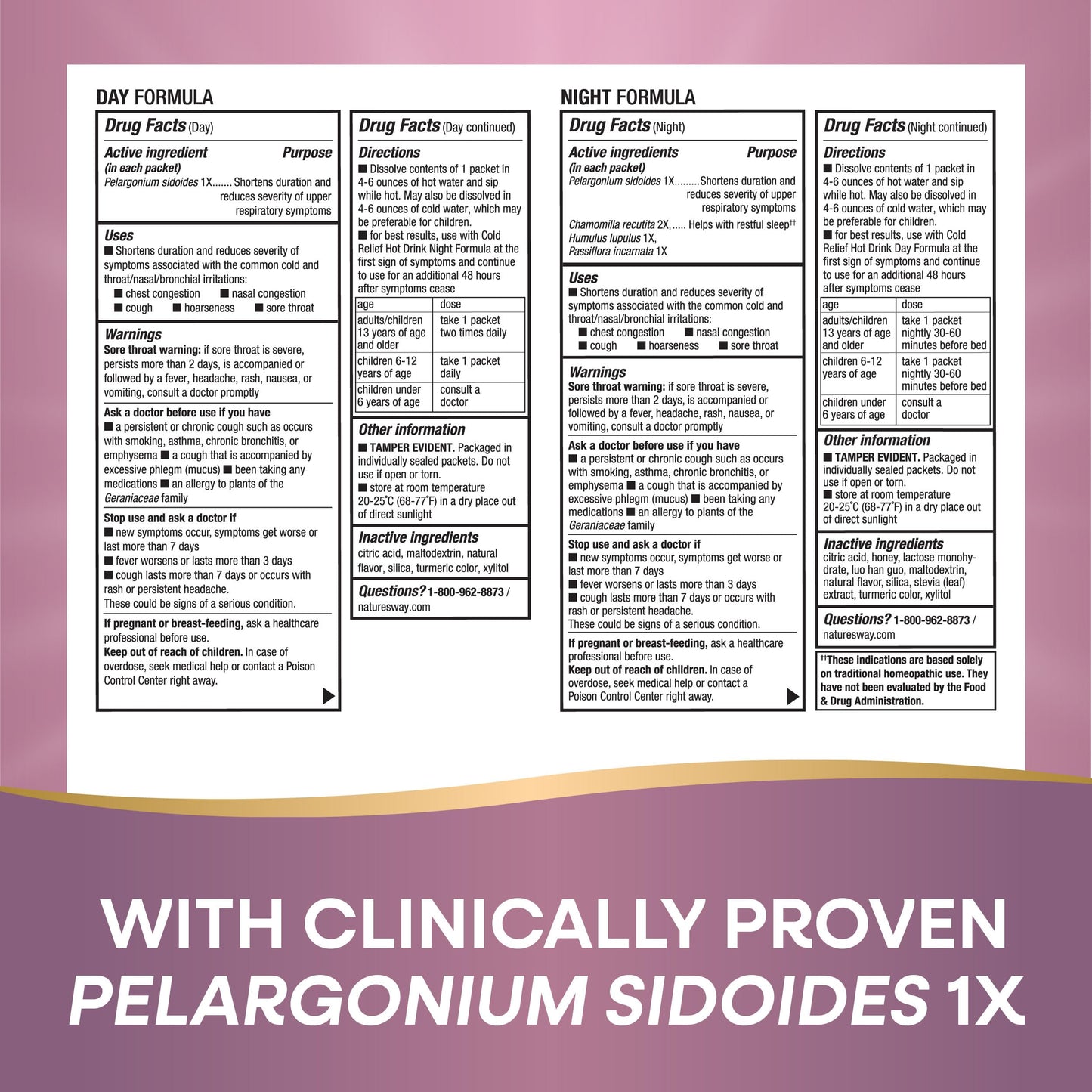 Nature's Way Cold Relief Hot Drink, Umcka, Homeopathic, Clinically Proven Pelargonium Sidoides 1X, for Cough, Congestion, Sore Throat, Stuffy Nose, Day & Night Formula, 12 Packets (Packaging May Vary)