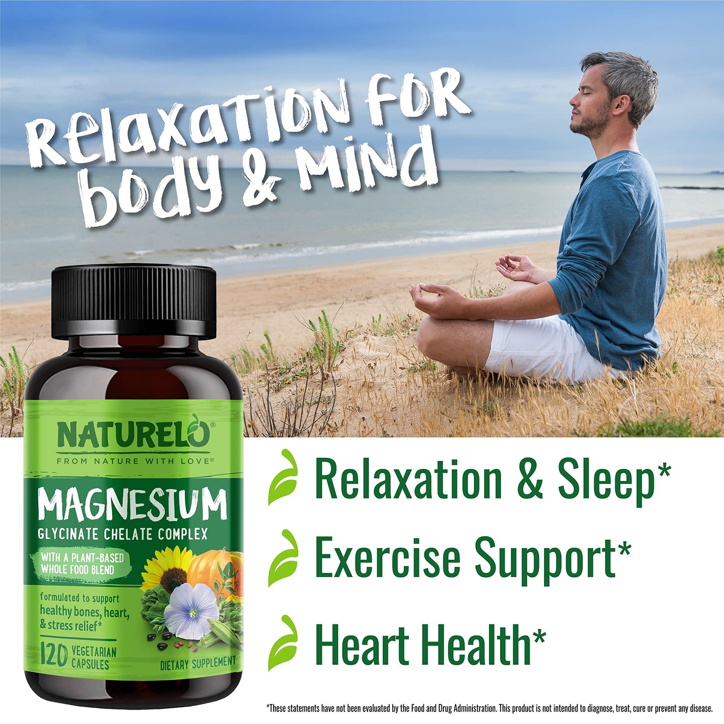NATURELO Magnesium Glycinate Chelate Complex - 200 mg Magnesium with Organic Vegetables to Support Sleep, Calm, Muscle Cramp & Stress Relief - Gluten Free, Non GMO - 120 Capsules