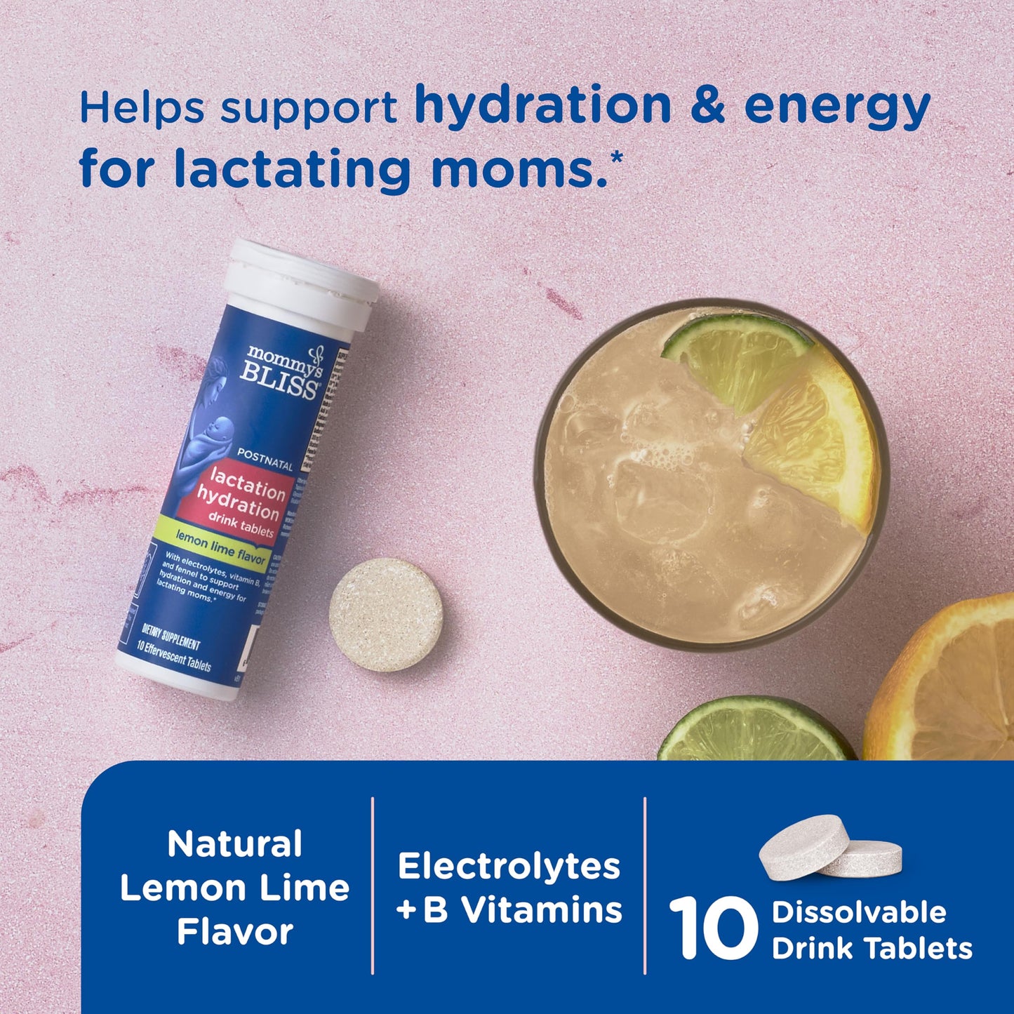 Mommy's Bliss Lactation Hydration Drink Tablets, Lemon Lime Flavor, Electrolytes + B Vitamins, 1 Pack (10 Tablets)