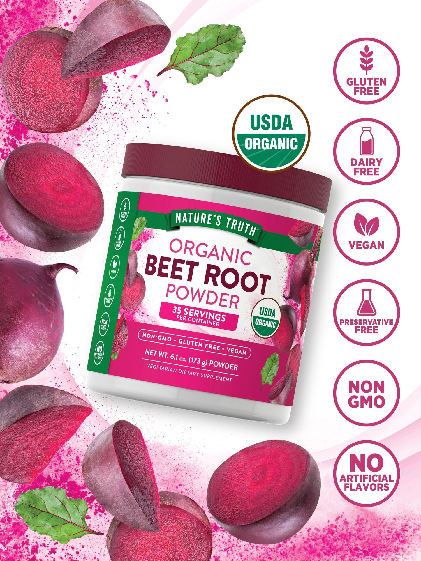 Nature's Truth Organic Beet Root Powder | 6.1 oz | Vegan, Non-GMO & Gluten Free Supplement