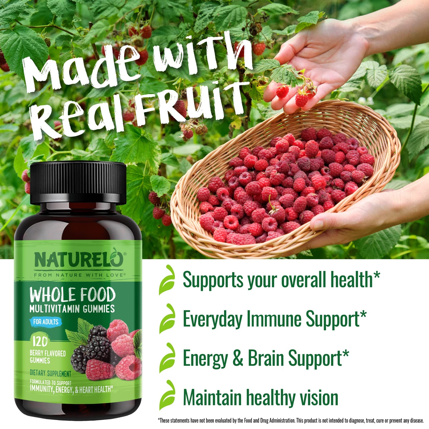 NATURELO Whole Food Vitamin Gummies for Adults - Chewable Gummy Multivitamin for Men & Women - 120 Vegan Gummies