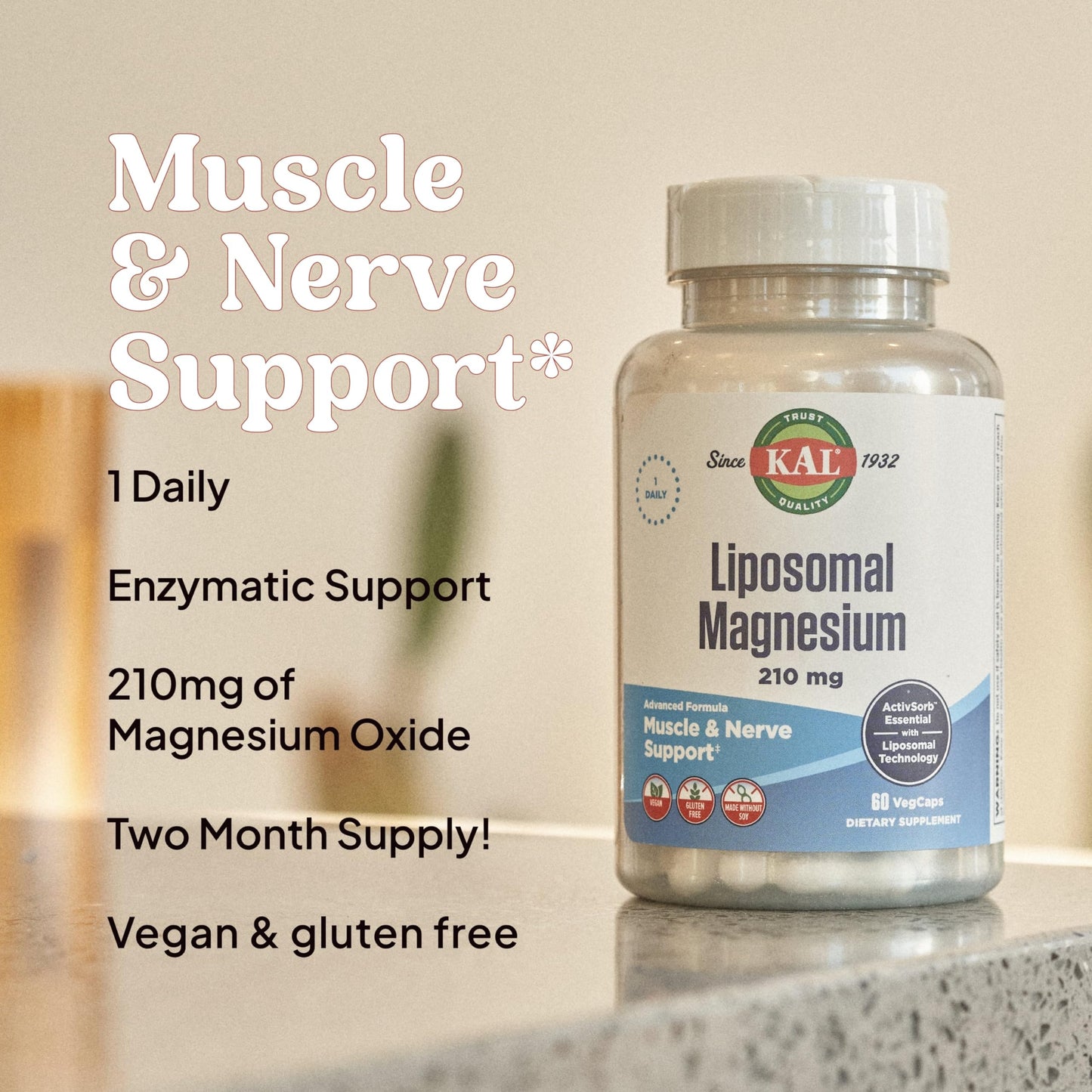 KAL Liposomal Magnesium Oxide 210 mg High Absorption, Liposomal Technology, Essentials Muscle Support, Advanced Formula, Vegan Capsules, Gluten Free, No Soy, 60 Servings