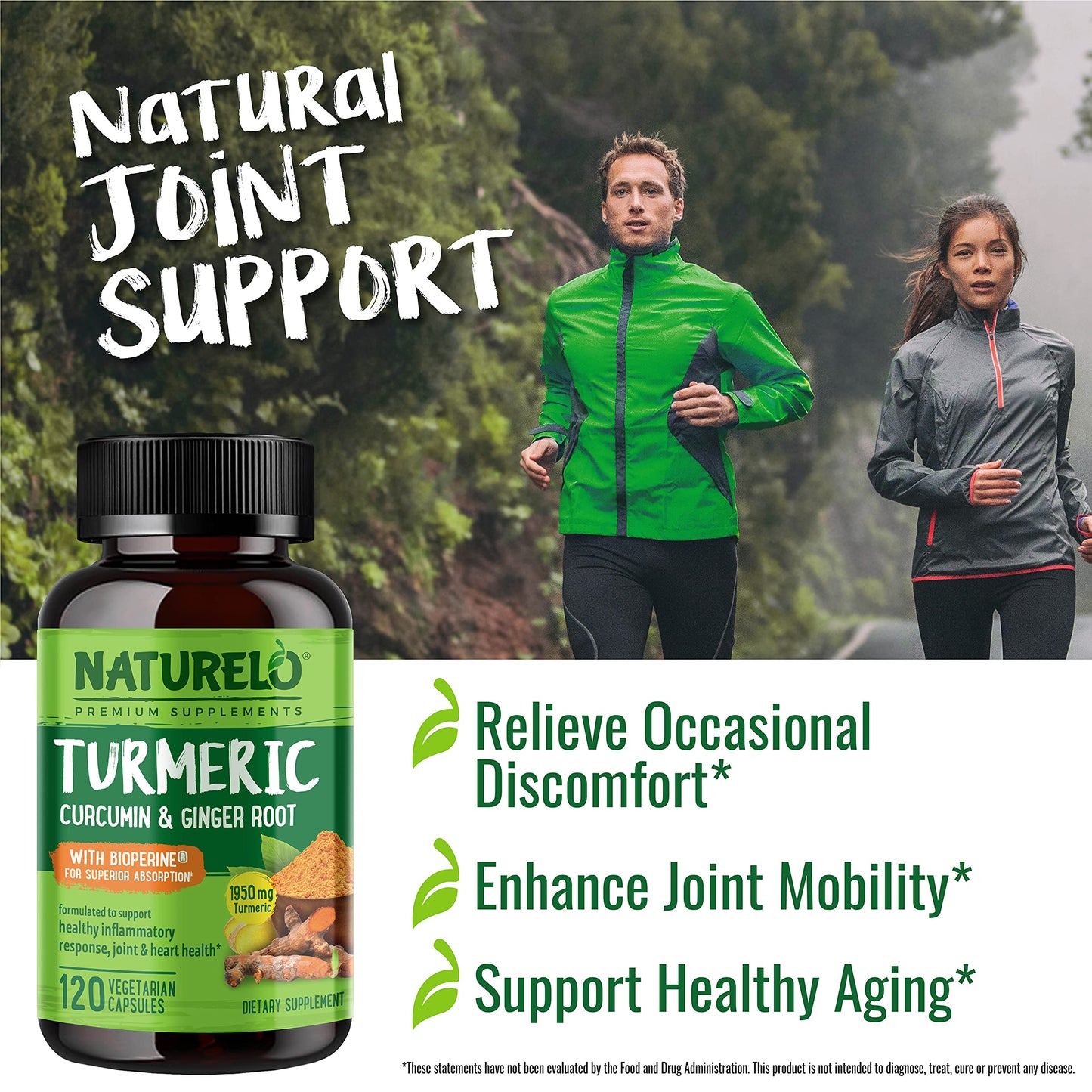 NATURELO Turmeric Curcumin - BioPerine for Better Absorption - Black Pepper, Ginger Root, Curcuminoids - Plant-Based Joint Discomfort Support - 120 Vegan Capsules