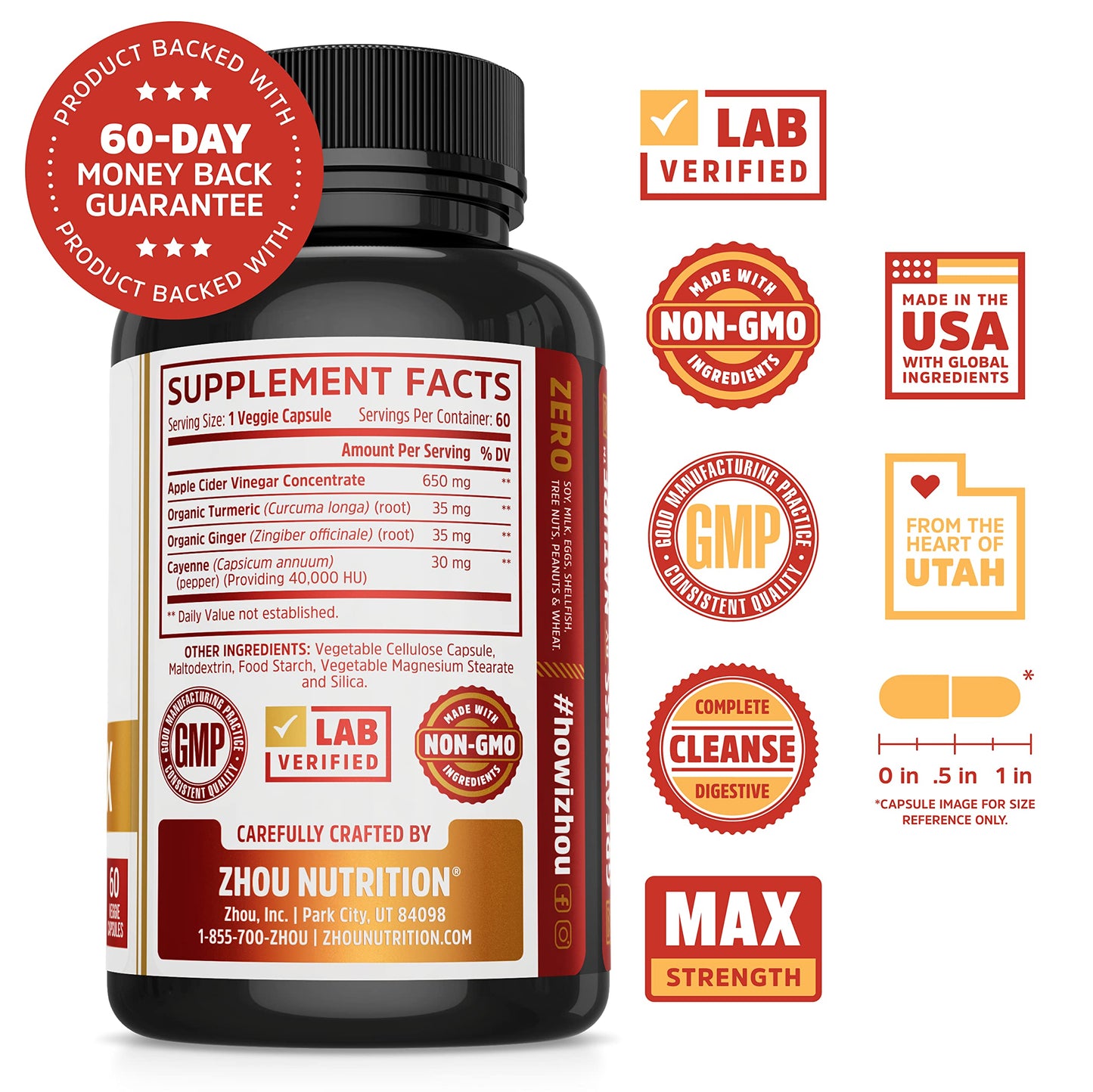 Zhou Cider Detox - Apple Cider Vinegar Capsules with Mother, Raw Natural ACV Pills for Women & Men, Herbal Complex Supplement with Turmeric & Cayenne Pepper - 60 Vegan Capsules