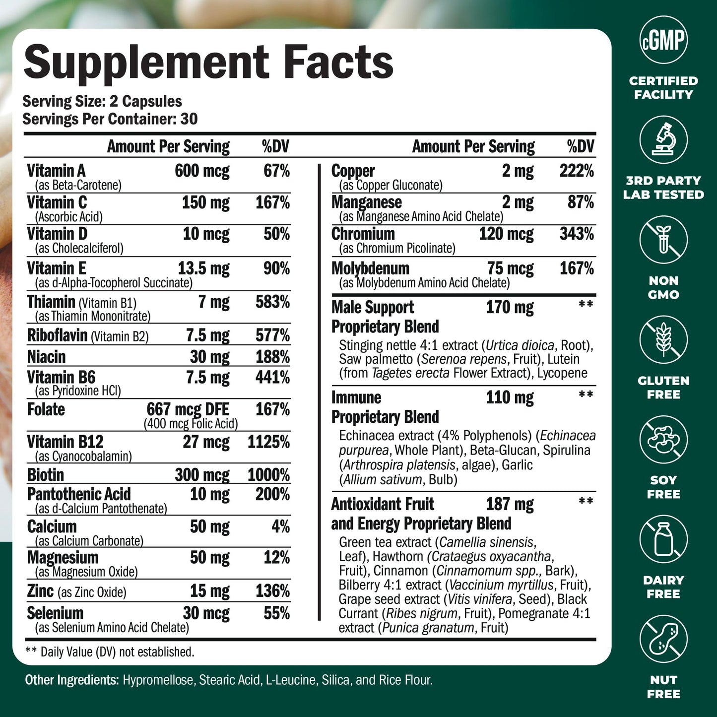 Multivitamin for Men - Daily Mens Multivitamins & Multiminerals with Vitamin D, Vitamin C, B12 Zinc & More. Essential Vitamins for Men for Energy, Focus, Stamina, Performance, Mens Health. 60 Capsules