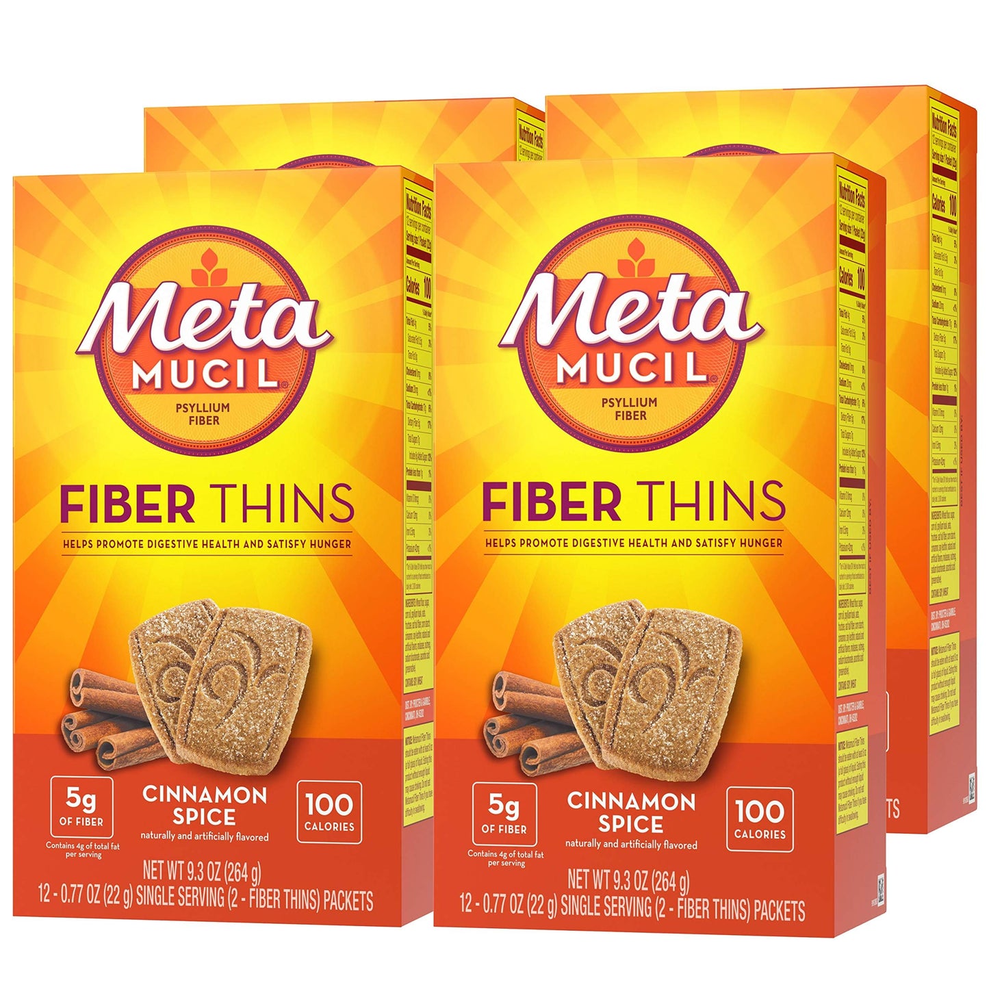 Metamucil Fiber Thins, Psyllium Husk Fiber, 5g Fiber per Serving, Supports Digestive Health and Satisfies Hunger, Daily Fiber Snack, Cinnamon Spice Flavor, 48 Total Servings (4 Packs of 12)