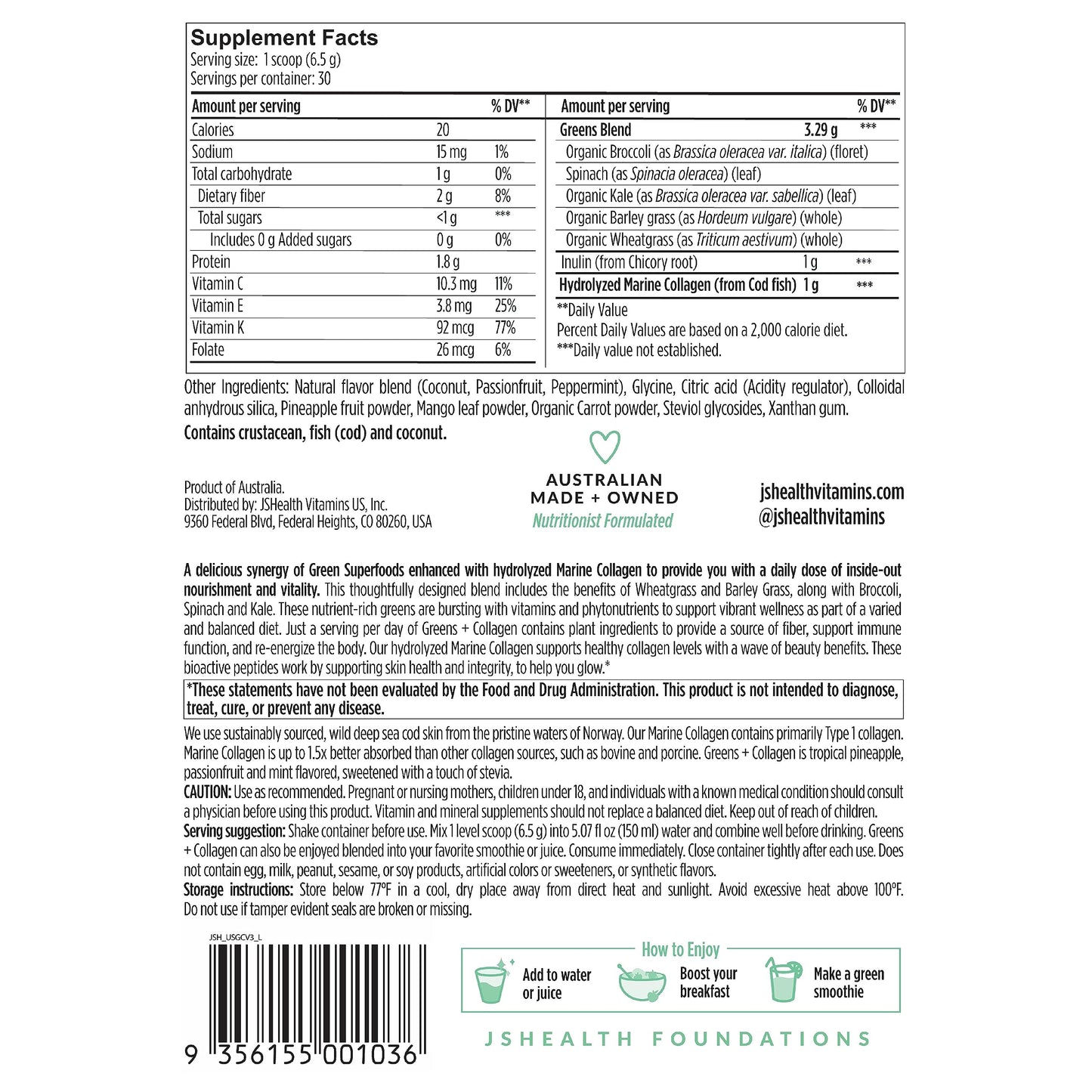 JSHealth Super Greens Powder - Greens & Collagen Powder - Superfood Powder with Marine Collagen Peptides, Vitamins & Veggies, 30 Servings