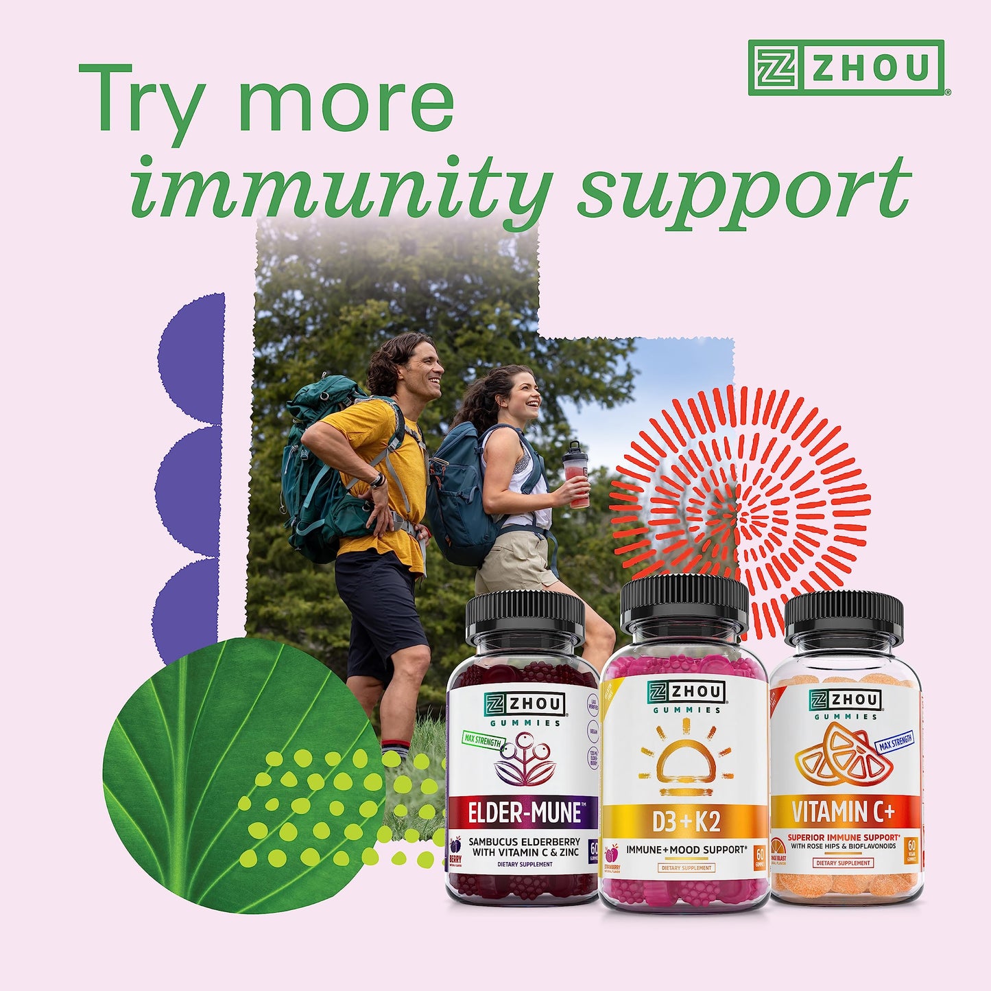 Zhou D3+K2 - Vitamin D3 K2 Supplement for Women & Men, Immune Support Vit D3 and K2 Supplements, Pure Vegetarian Formula with 5000 IU of D3 and MK-7 - 60 Veggie Capsules (Pack of 1)