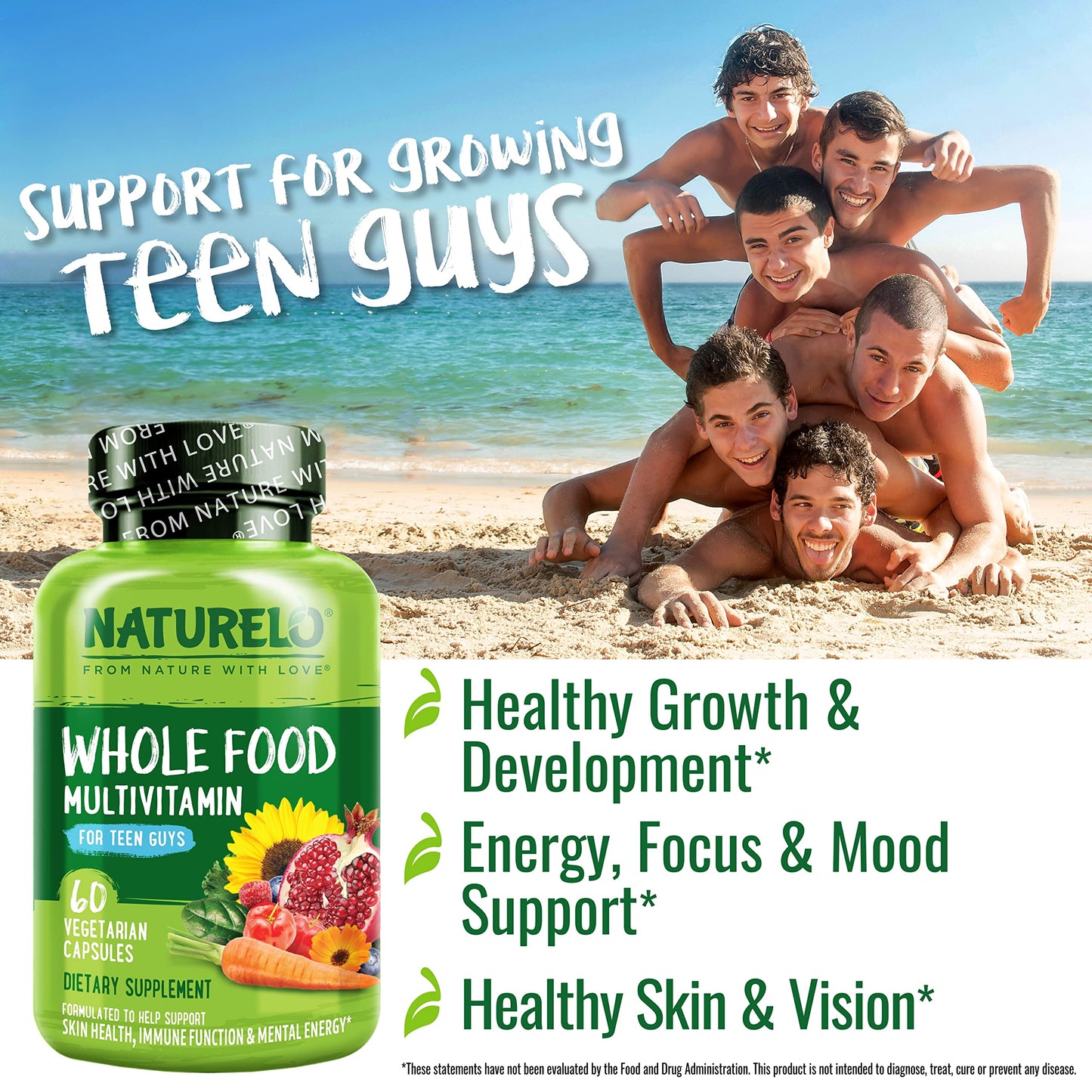 NATURELO Teen Multivitamin - Whole Food Multivitamin for Teenage Boys - Minerals Supplement for Active Kids - with Plant Extracts - Non-GMO - Vegan & Vegetarian - 60 Capsules